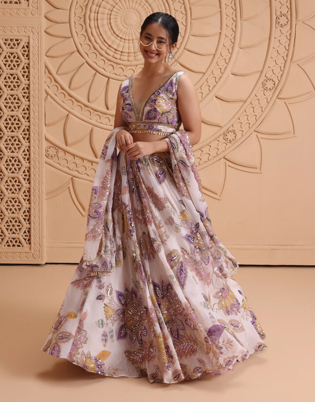 Ivory Mist With Orchid Hues Printed Cocktail Lehenga Set - Image 2