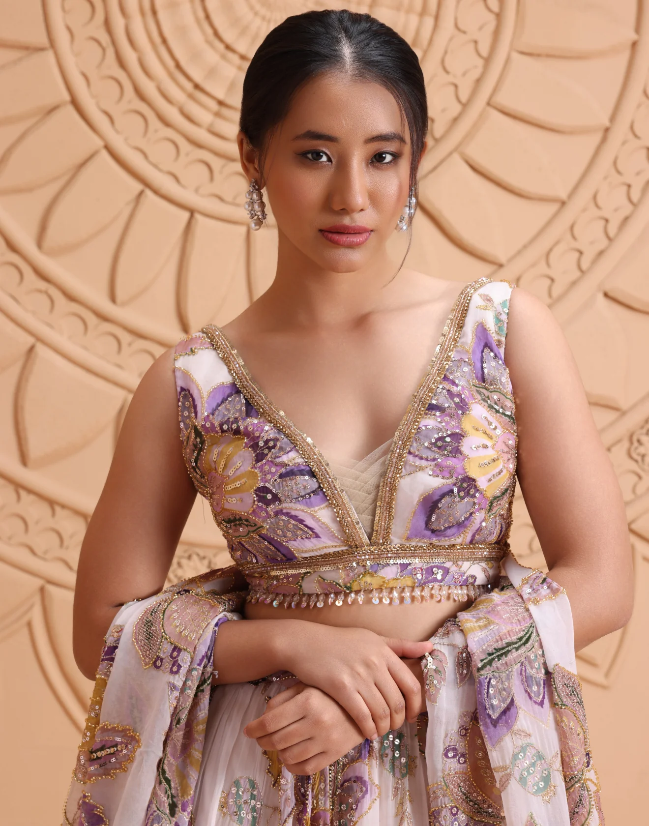 Ivory Mist With Orchid Hues Printed Cocktail Lehenga Set - Image 4