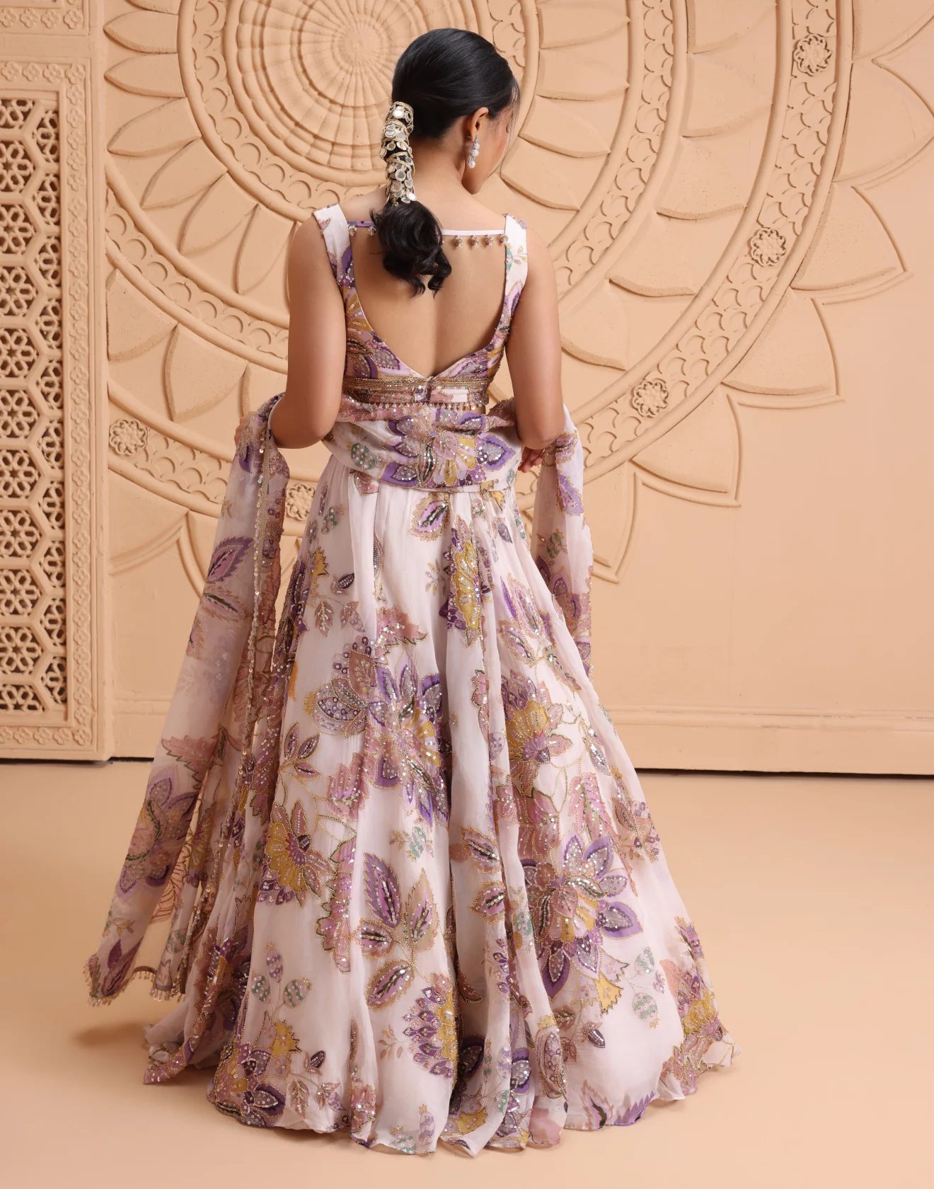 Ivory Mist With Orchid Hues Printed Cocktail Lehenga Set - Image 5