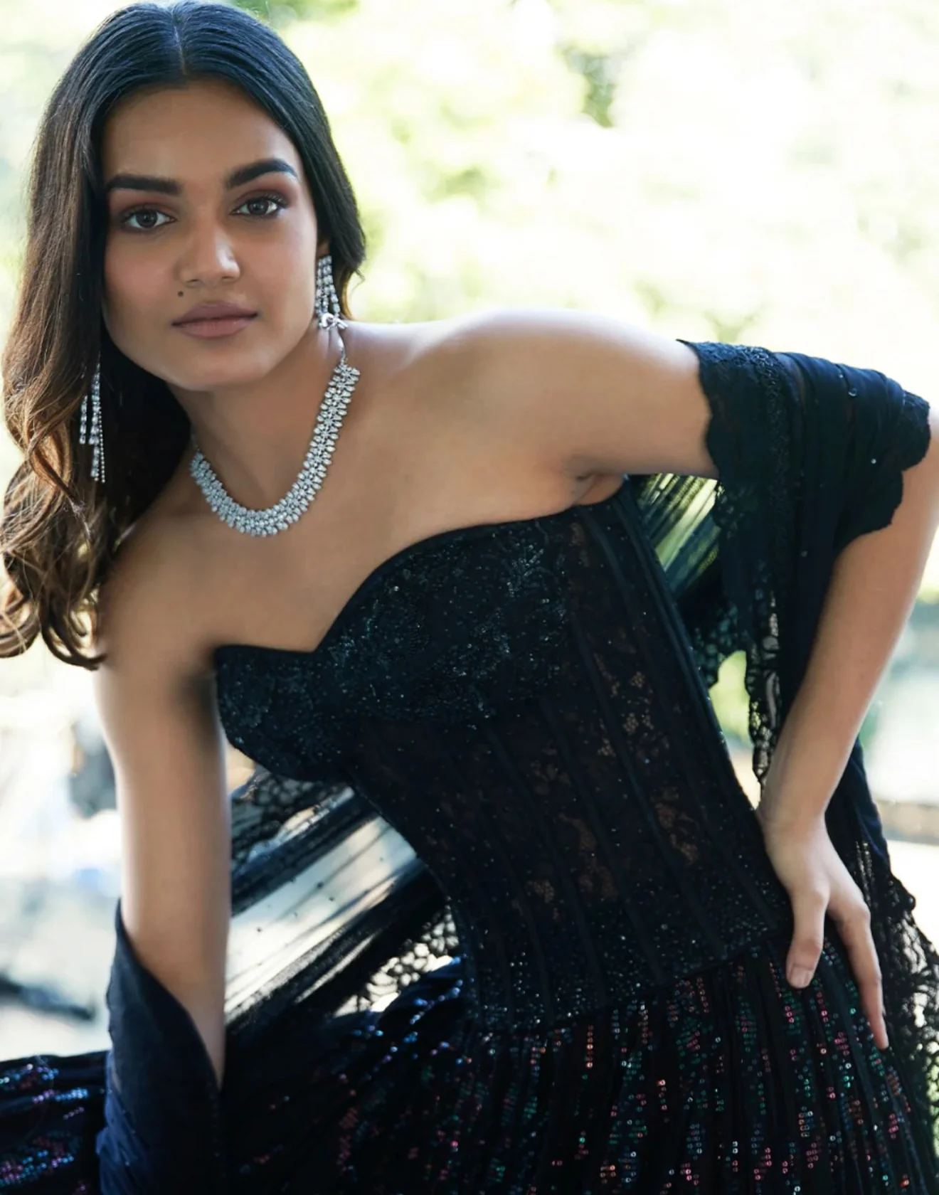 Jet Black Chantilly Net Corset Lehenga Set