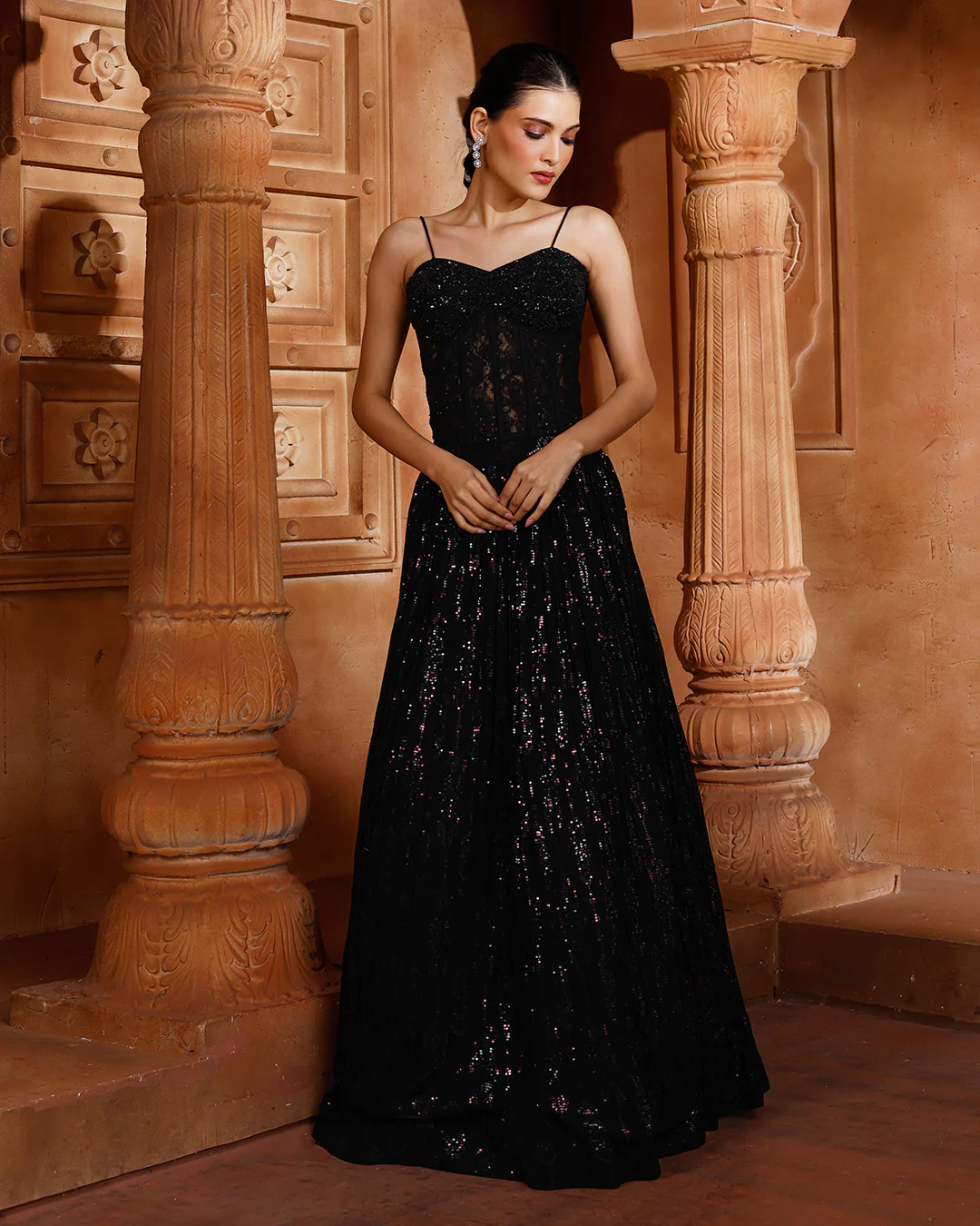 Jet Black Chantilly Net Corset Lehenga Set - Image 11