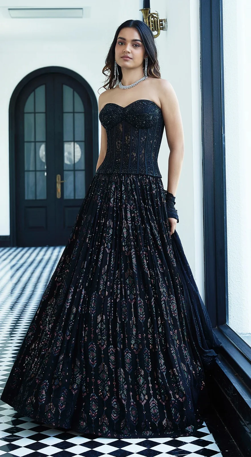 Jet Black Chantilly Net Corset Lehenga Set - Image 2