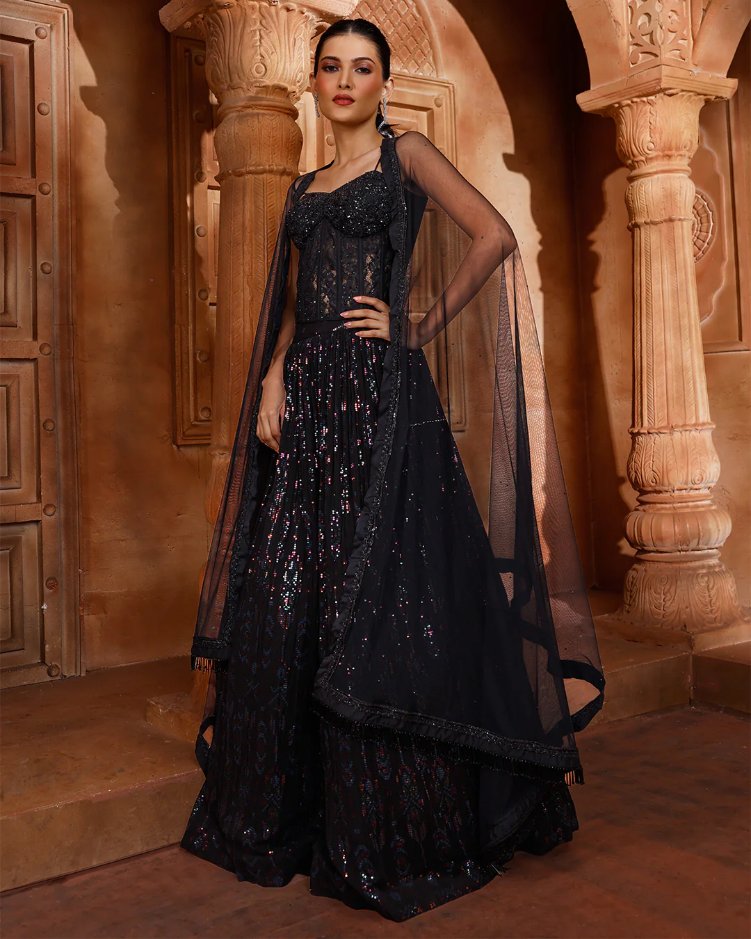 Jet Black Chantilly Net Corset Lehenga Set - Image 8