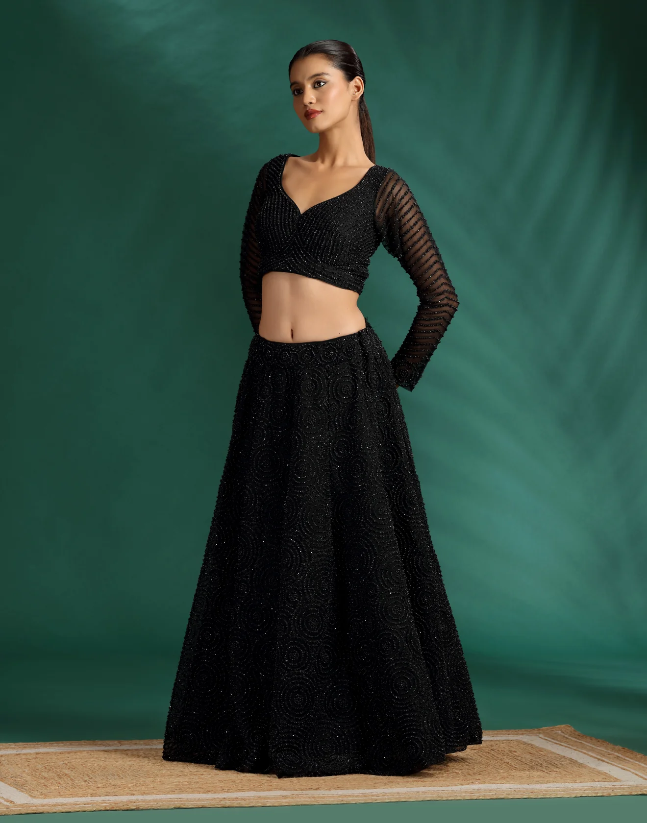 Jet Black Pearl Embellished Cocktail Lehenga Set - Image 2