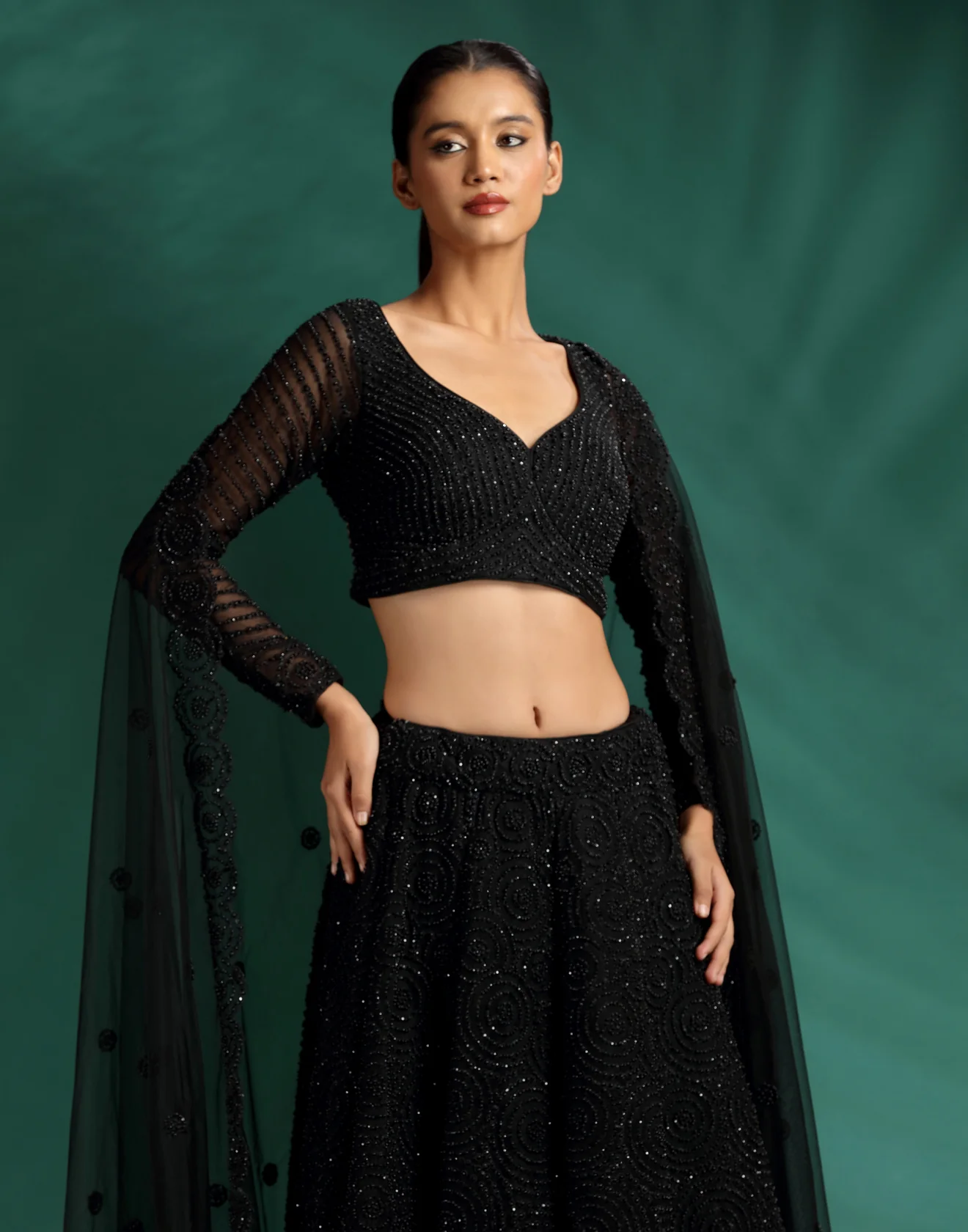 Jet Black Pearl Embellished Cocktail Lehenga Set - Image 4
