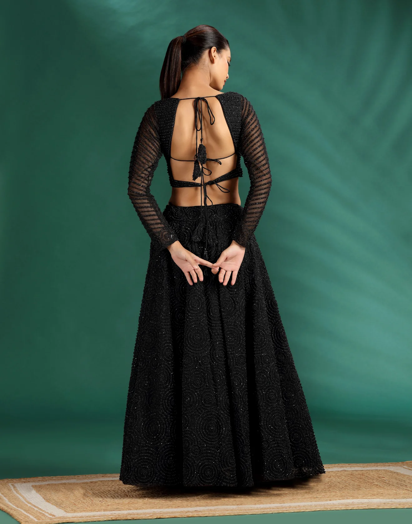 Jet Black Pearl Embellished Cocktail Lehenga Set - Image 5