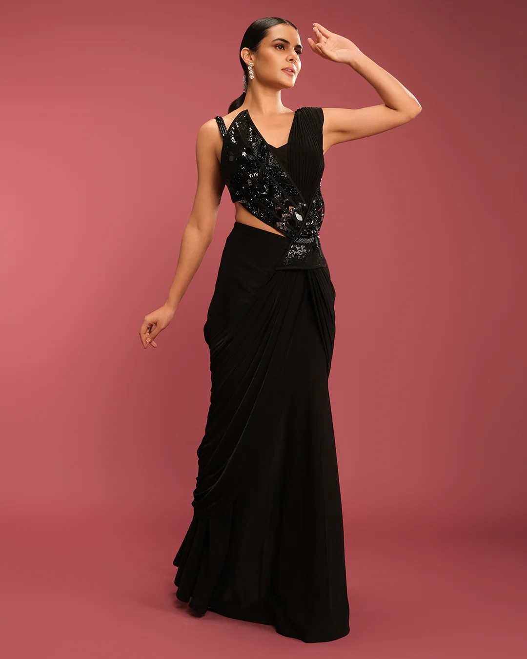 Jet Black Sculpted Embellished Pre-Stitched Saree - Image 2