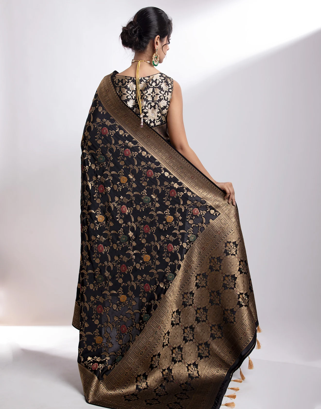 Jet Black Traditional Banarasi Silk Saree - Image 3