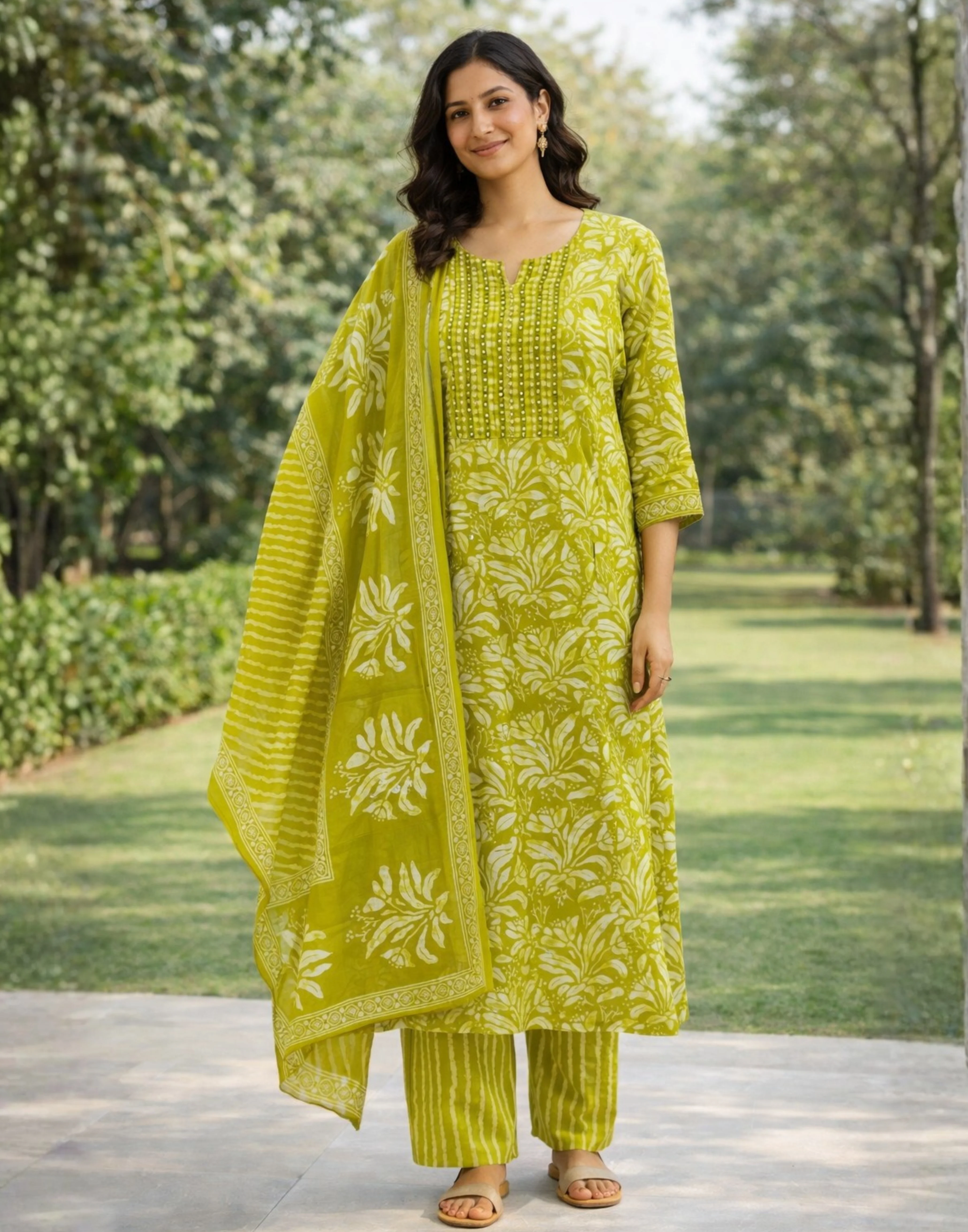 Lime Green Cotton Printed Workwear Kurta Set