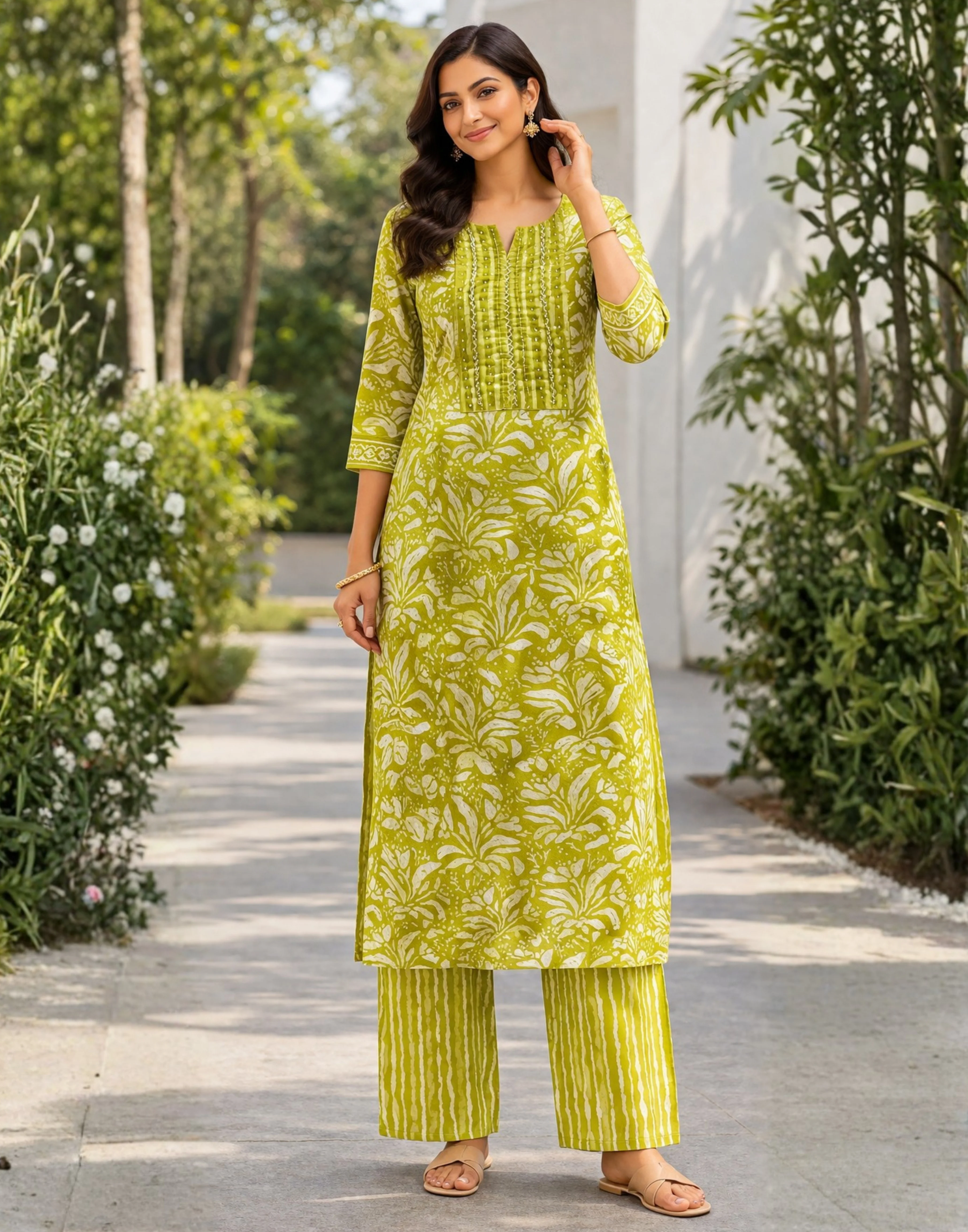 Lime Green Cotton Printed Workwear Kurta Set - Image 2