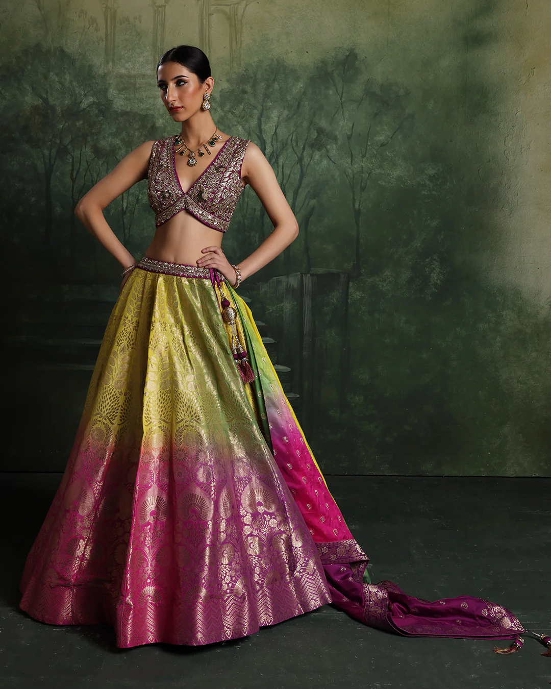 Lime Zest And Lilac Ombre Banarasi Brocade Lehenga Set - Image 2
