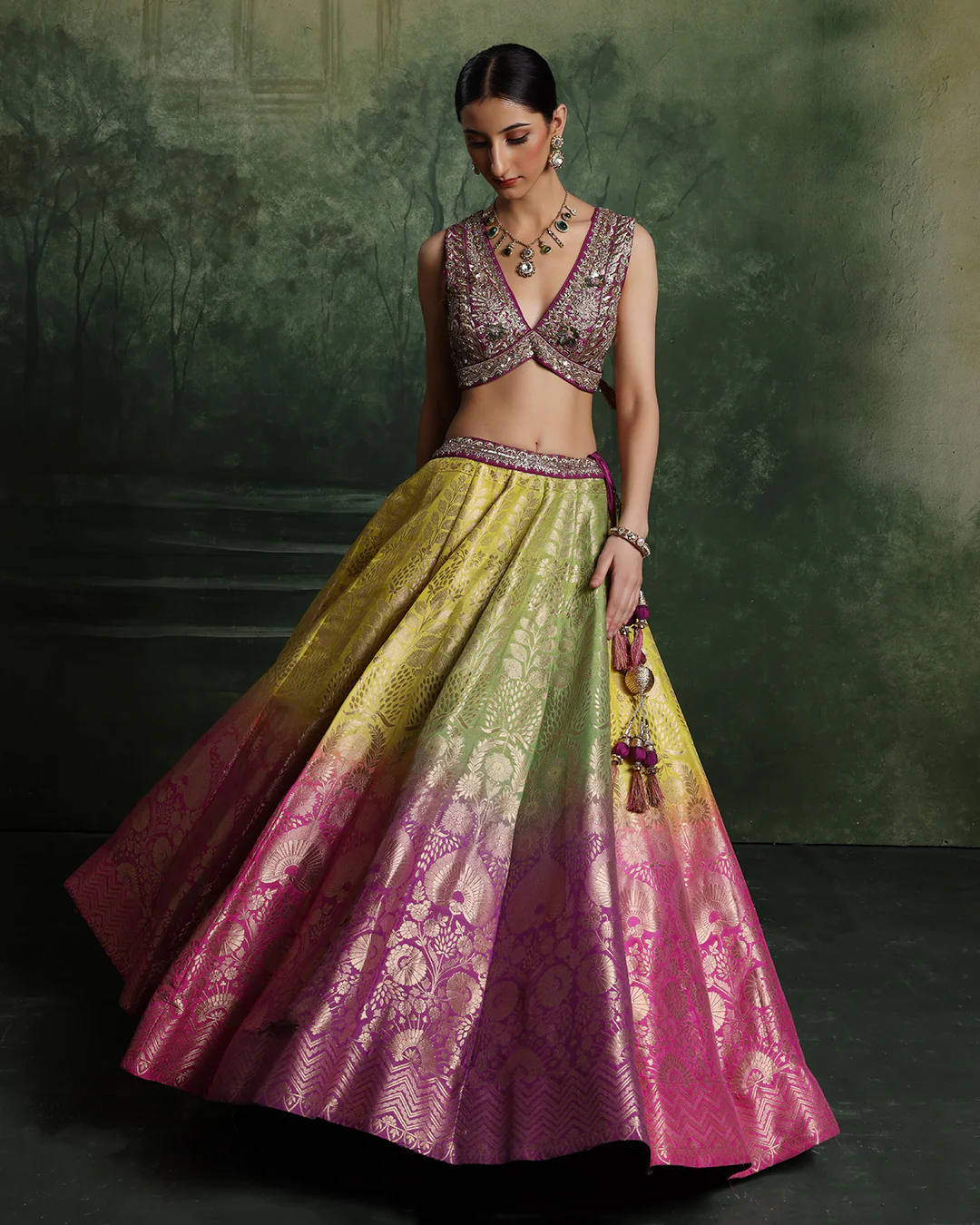 Lime Zest And Lilac Ombre Banarasi Brocade Lehenga Set - Image 3