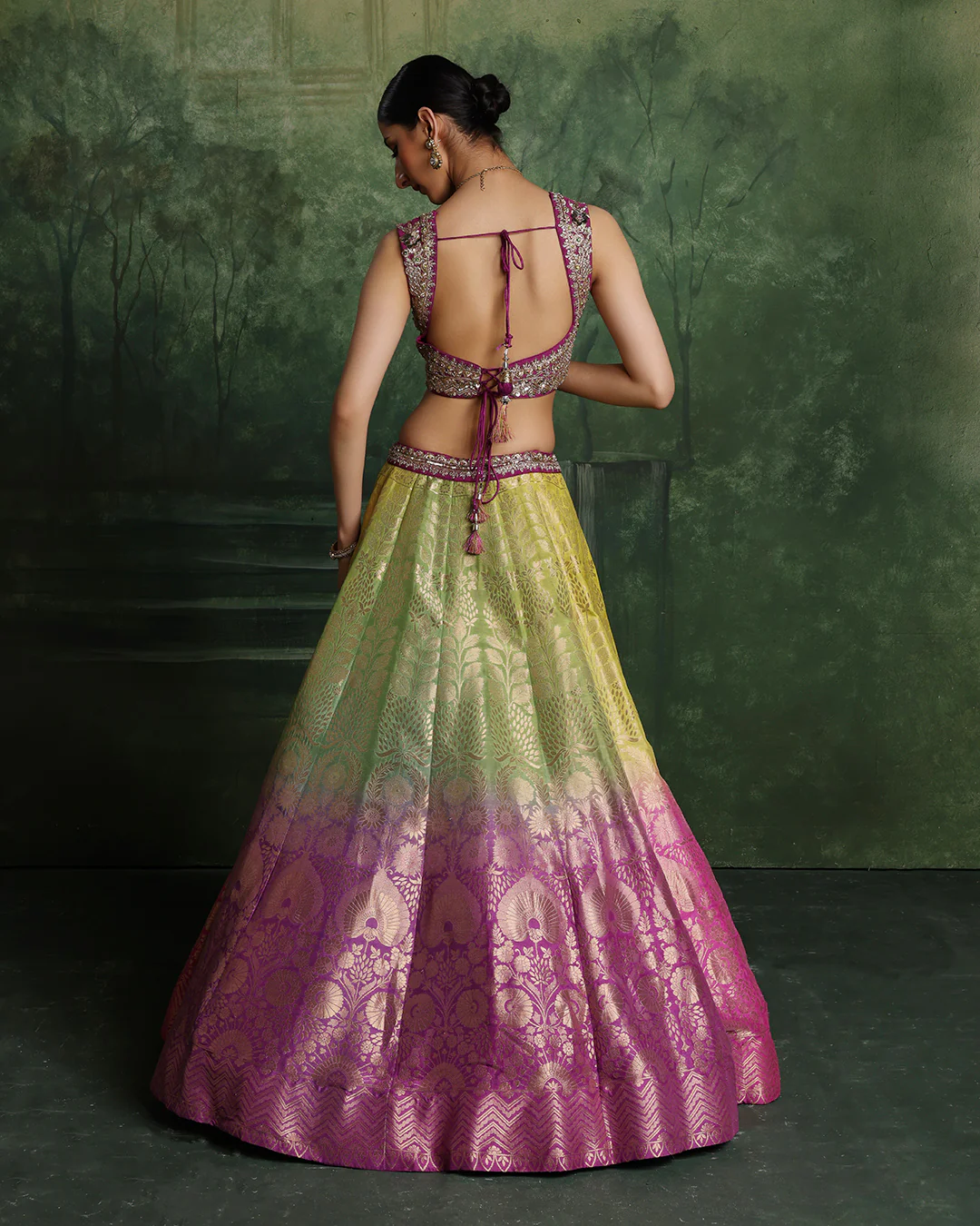 Lime Zest And Lilac Ombre Banarasi Brocade Lehenga Set - Image 5