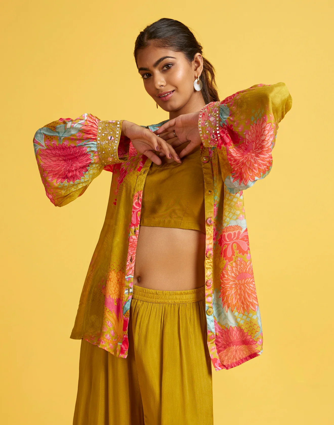 Lime Zest Floral Printed Fusion Co-Ord Set - Image 3