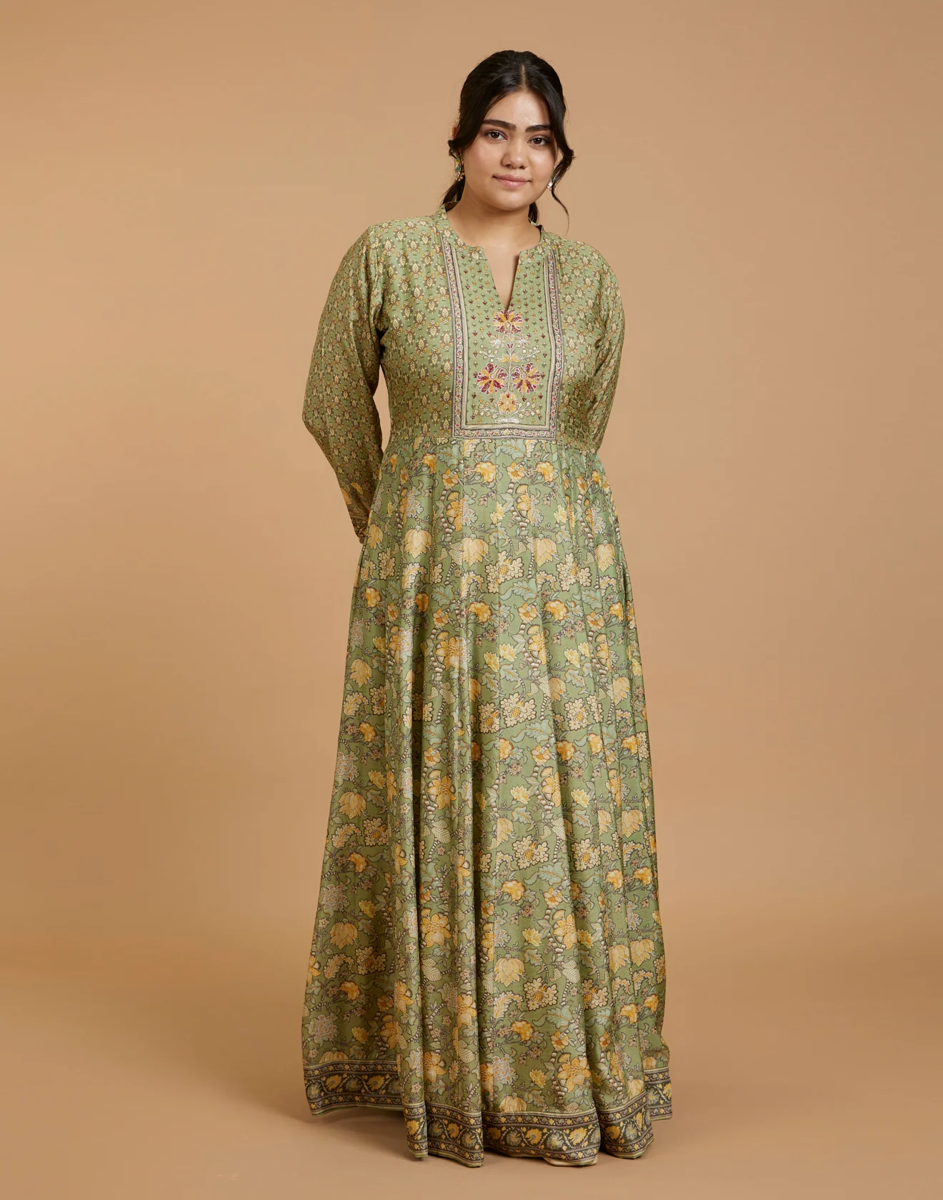 Lush Olive Printed Flared Kurti With Hand Embroidered Yoke - Image 2