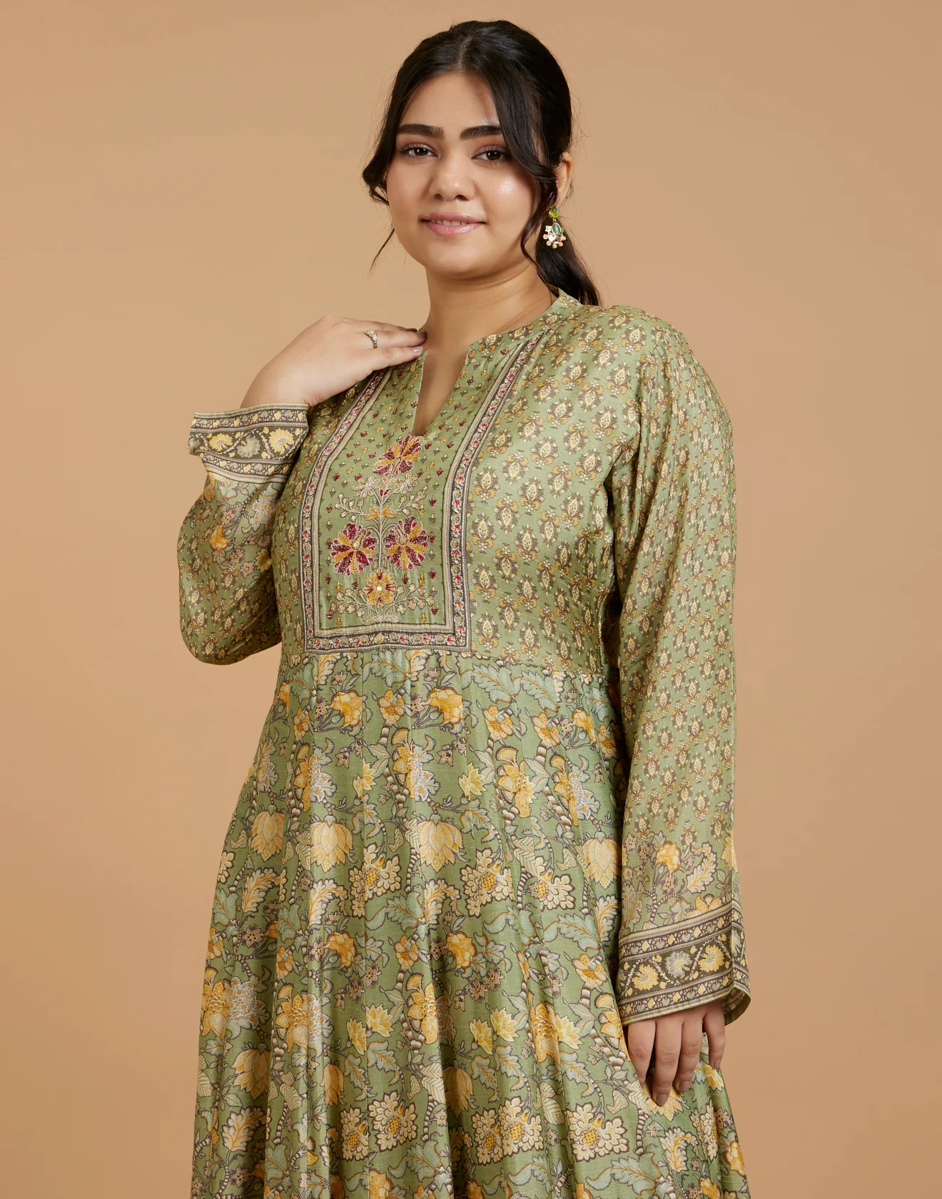Lush Olive Printed Flared Kurti With Hand Embroidered Yoke - Image 3