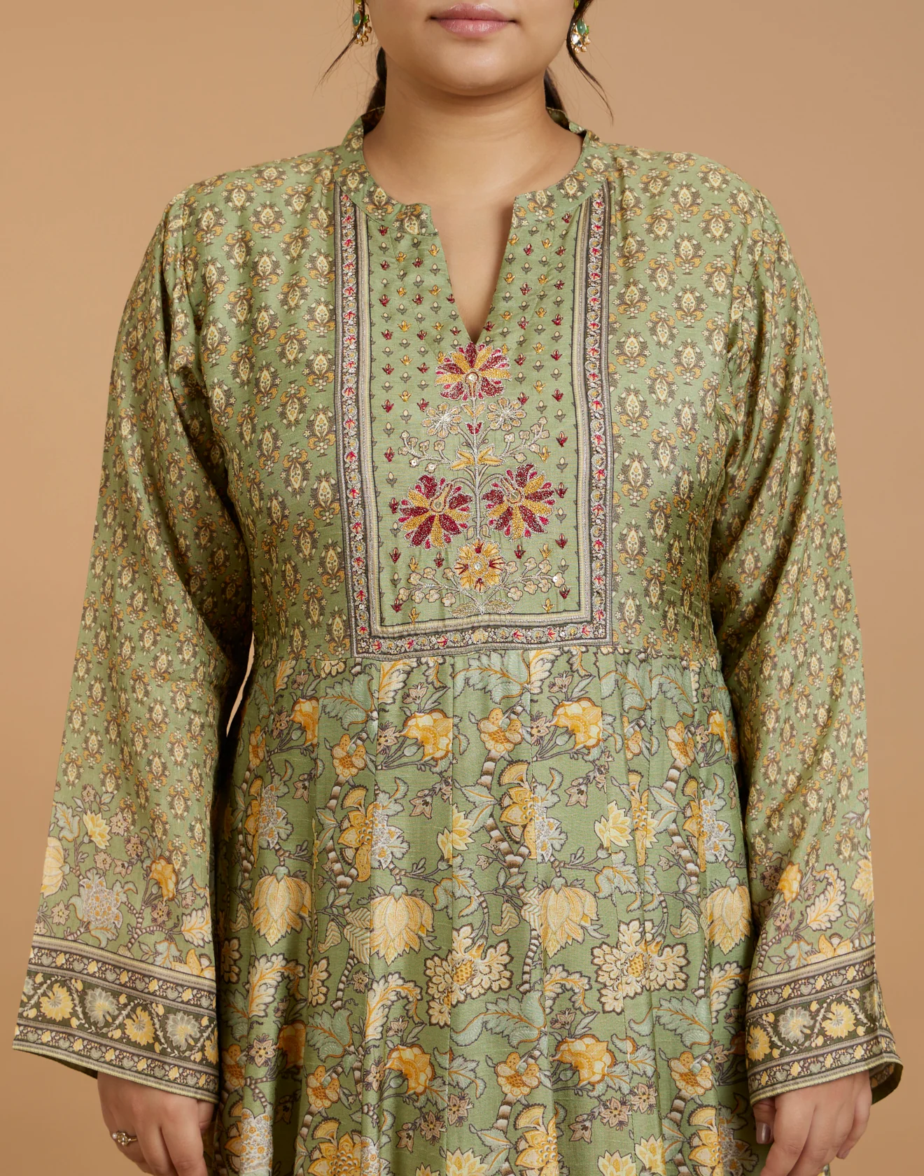 Lush Olive Printed Flared Kurti With Hand Embroidered Yoke - Image 4