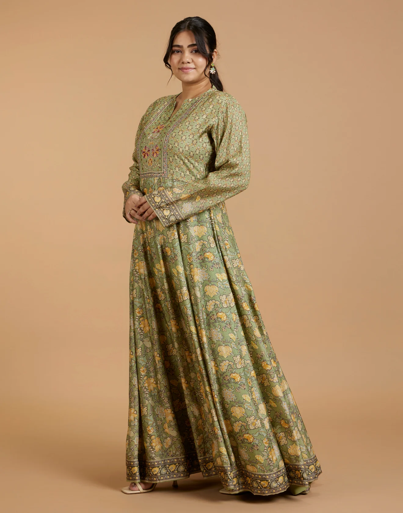 Lush Olive Printed Flared Kurti With Hand Embroidered Yoke - Image 5