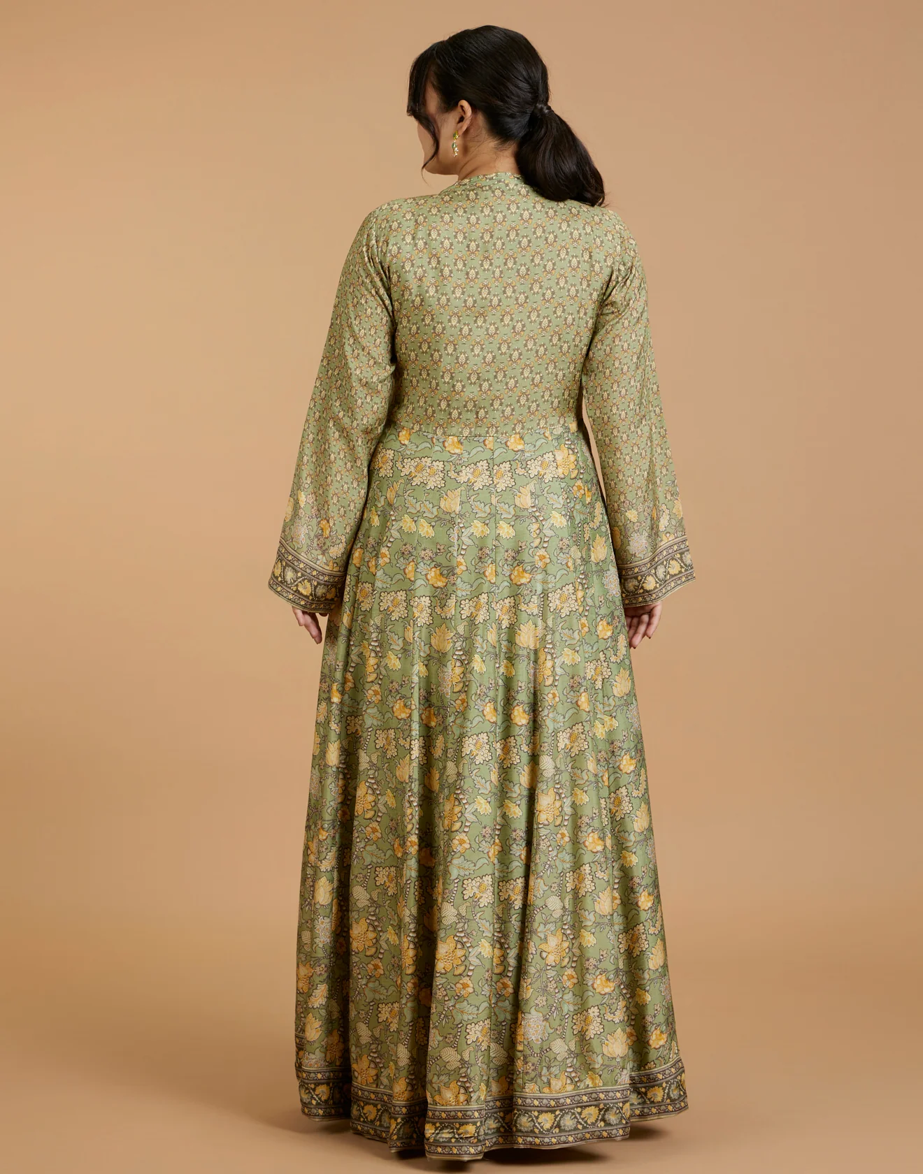 Lush Olive Printed Flared Kurti With Hand Embroidered Yoke - Image 6