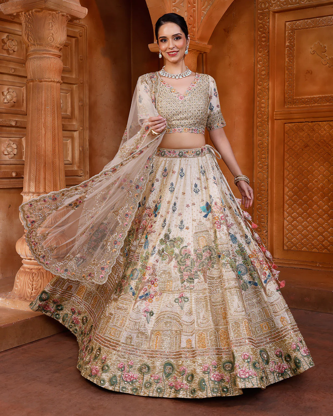 Lustre Ivory Jharokha Embroidered Pure Silk Bridal Lehenga Set - Image 2