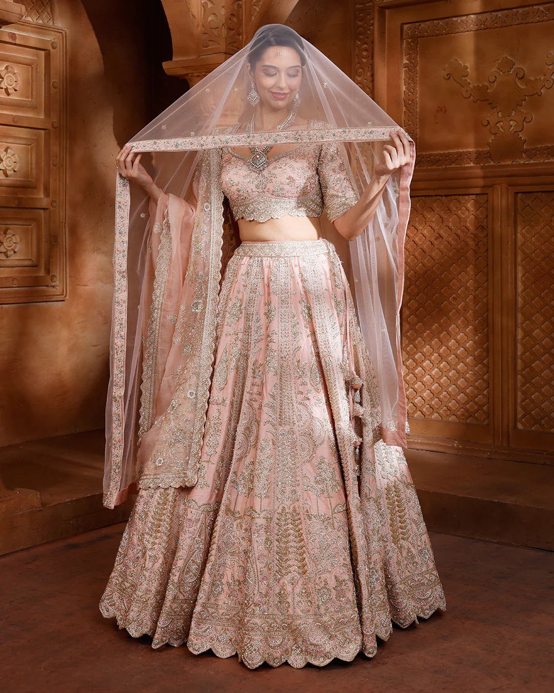 Lustre Peach Hand Embroidered Bridal Lehenga Set - Image 2