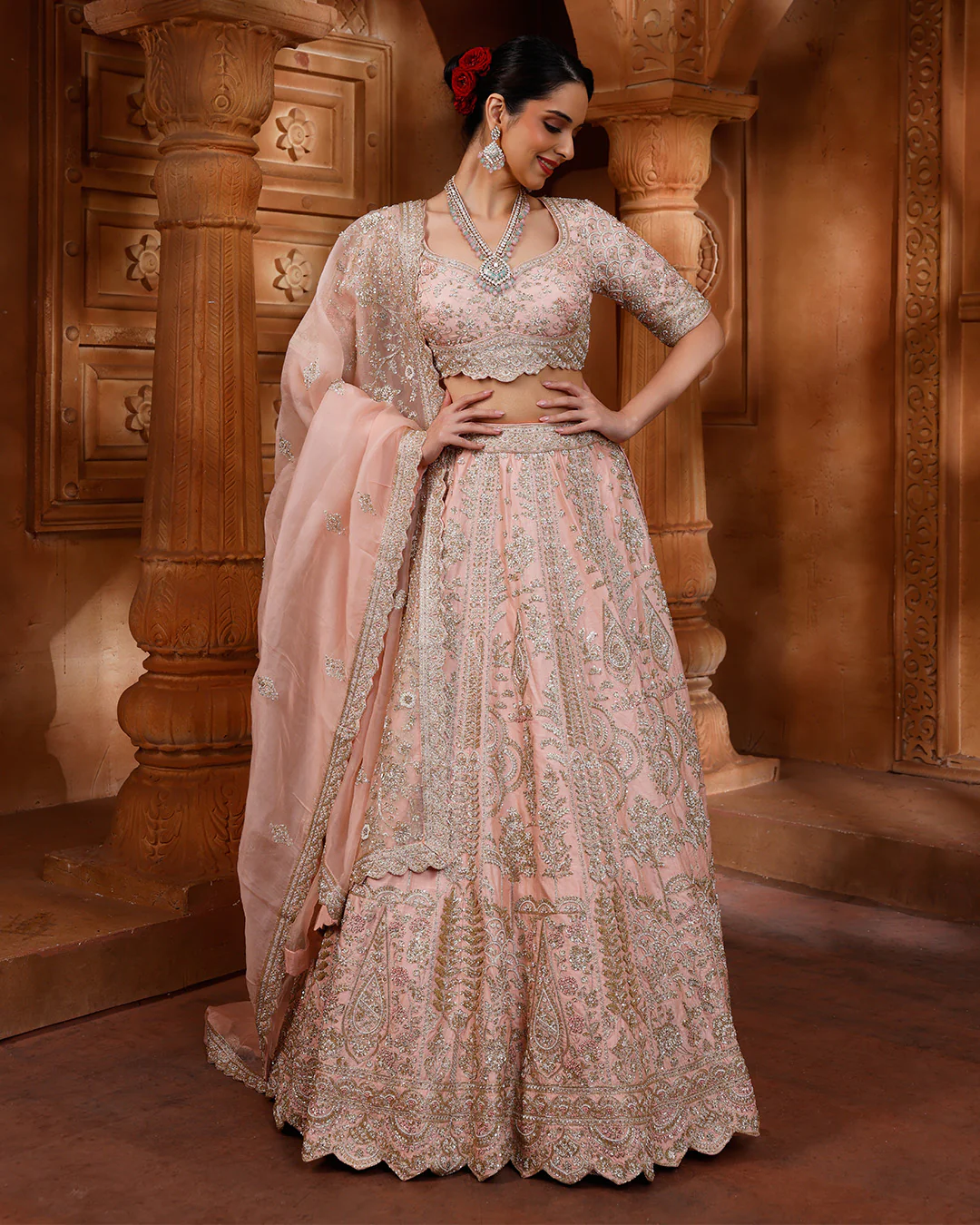 Lustre Peach Hand Embroidered Bridal Lehenga Set - Image 3