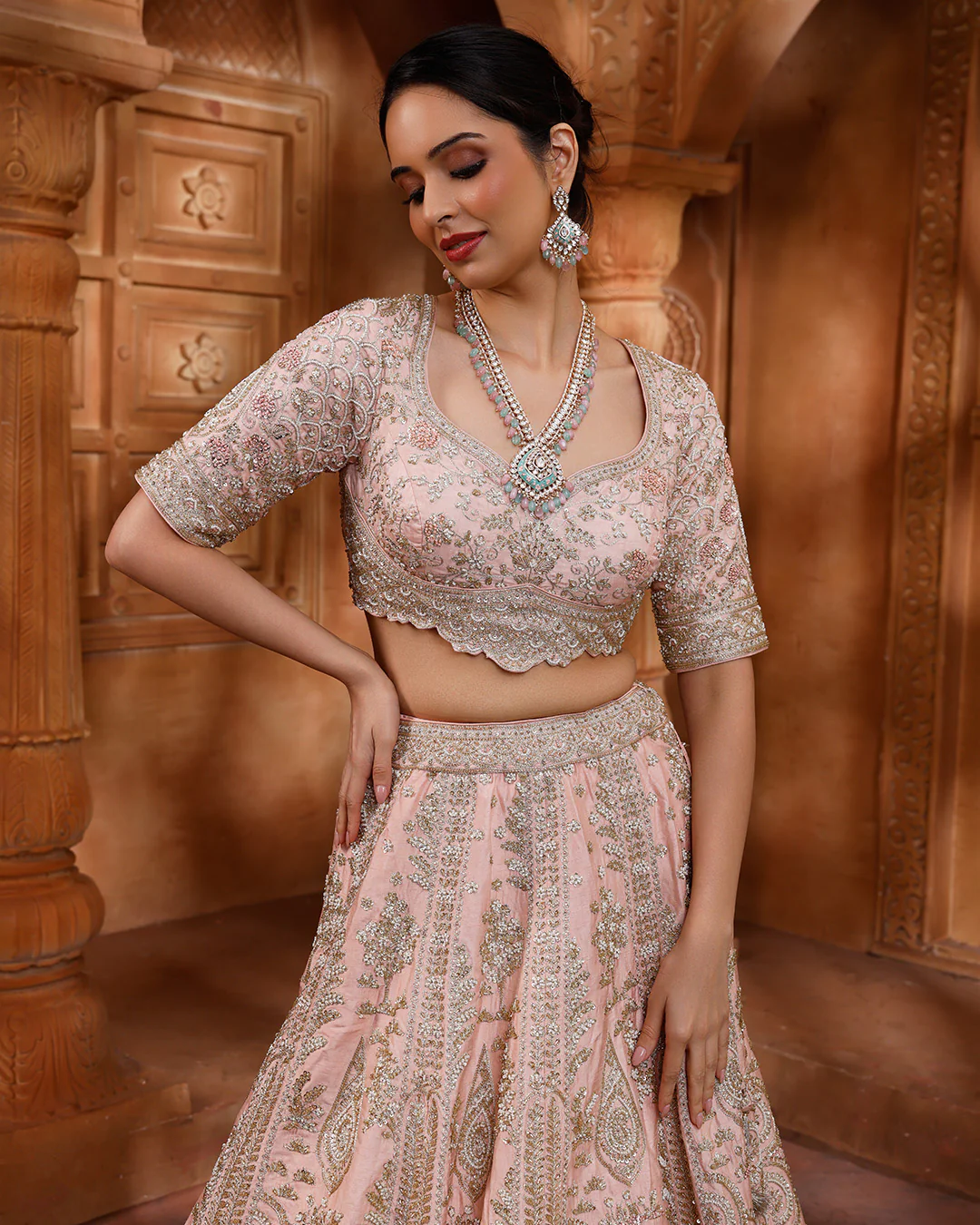 Lustre Peach Hand Embroidered Bridal Lehenga Set - Image 4