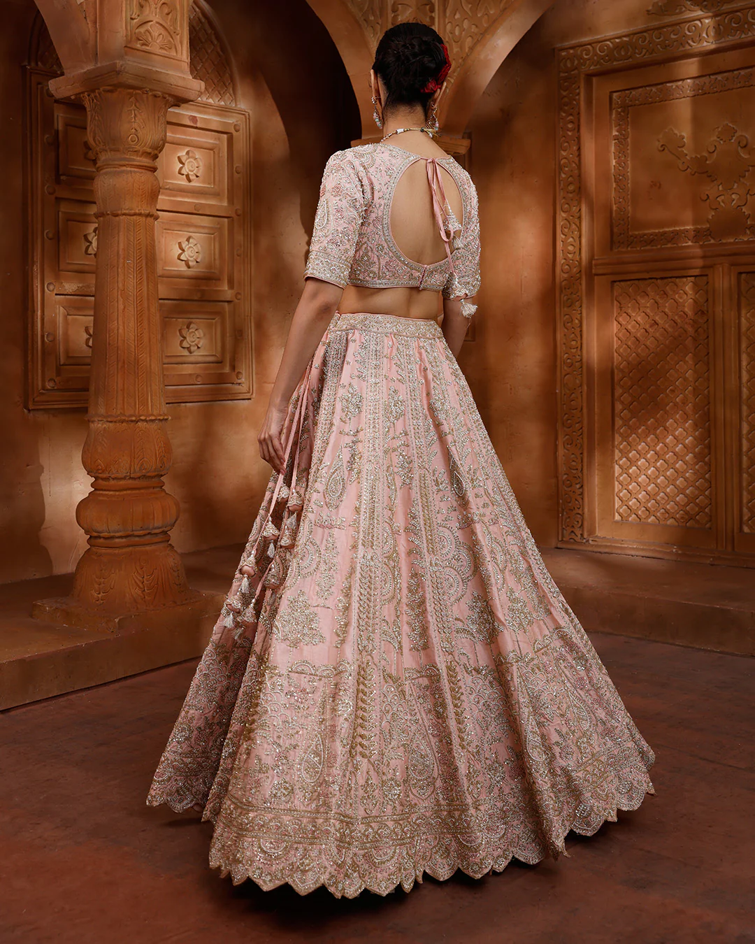Lustre Peach Hand Embroidered Bridal Lehenga Set - Image 5