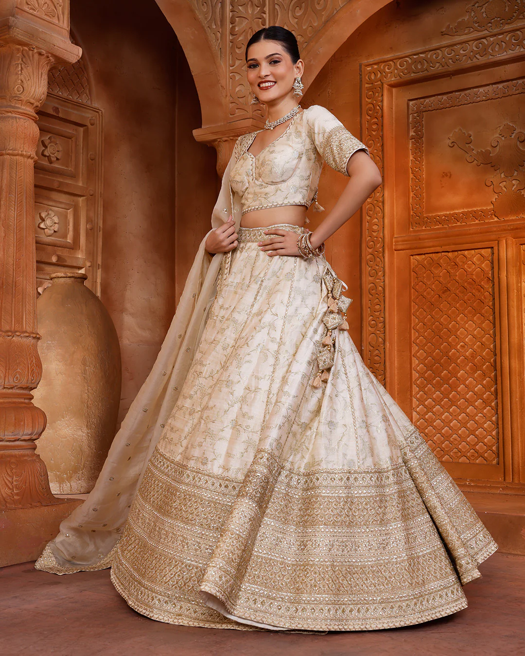 Luxe Ivory Banarasi Silk Bridal Lehenga Set - Image 3