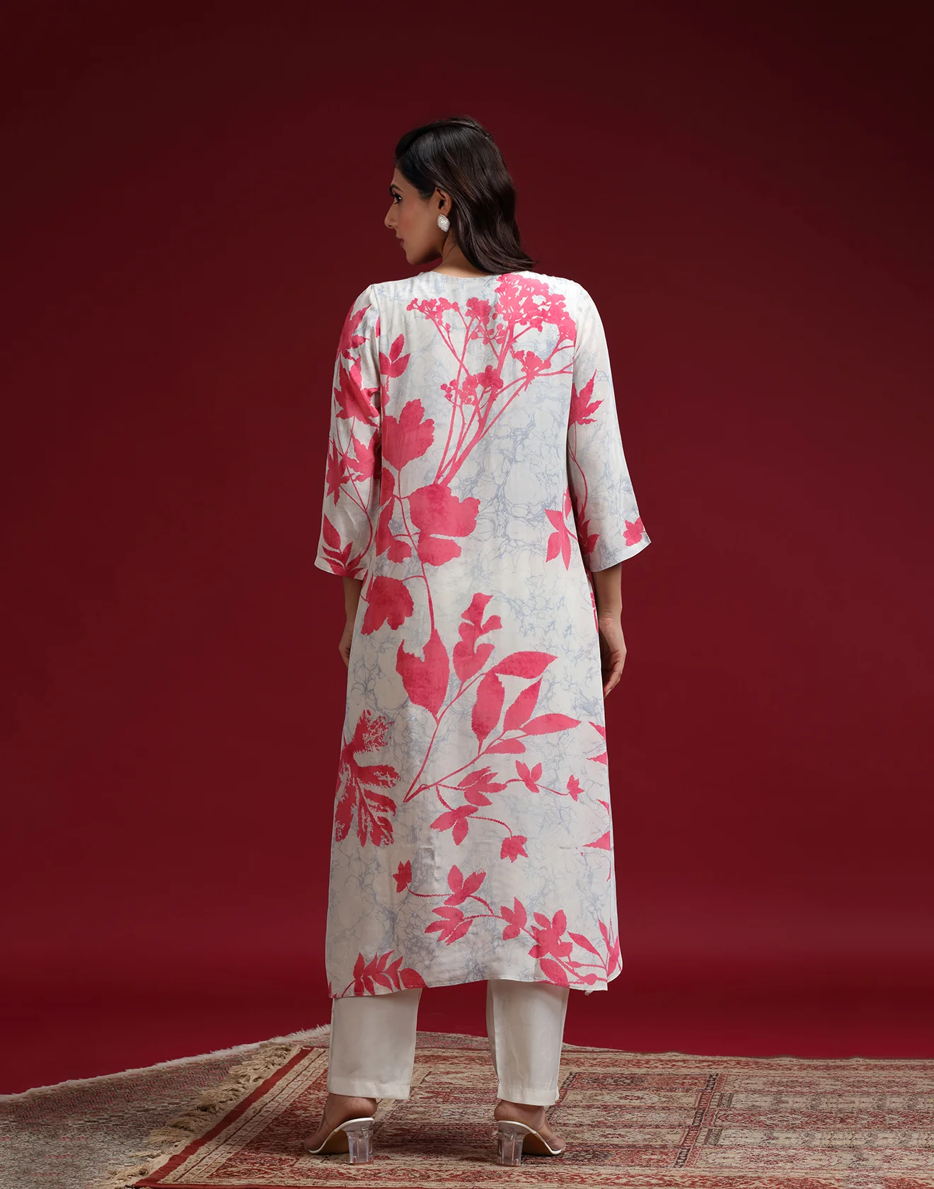 Marble Grey With Coral Floral Printed Kurta Set - Image 5