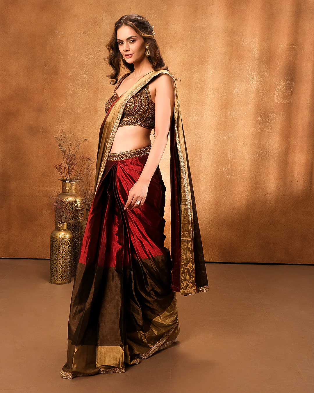 Maroon And Golden Tissue Silk Pre-Draped Saree - Image 2