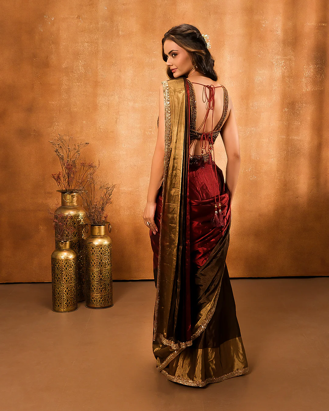 Maroon And Golden Tissue Silk Pre-Draped Saree - Image 6