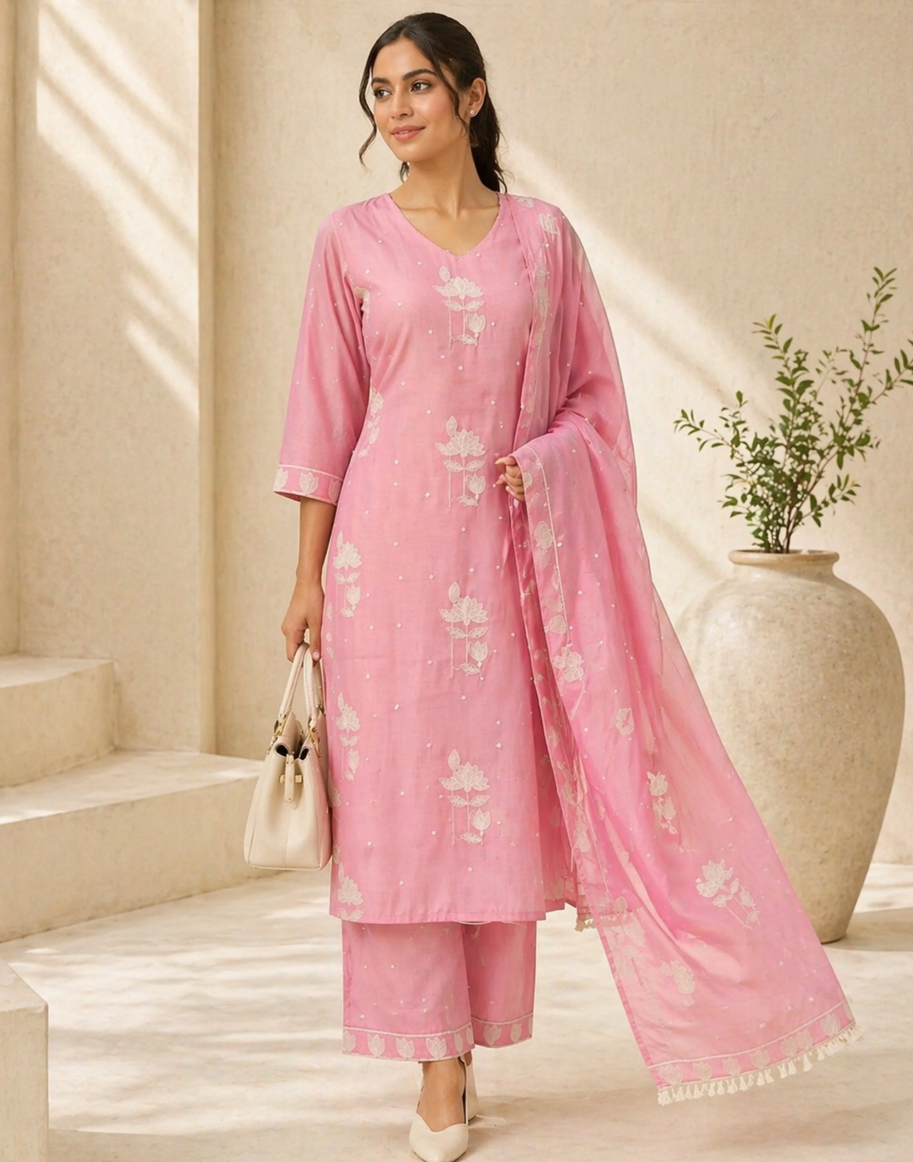 Matté Pink Printed Linen Kurta Set