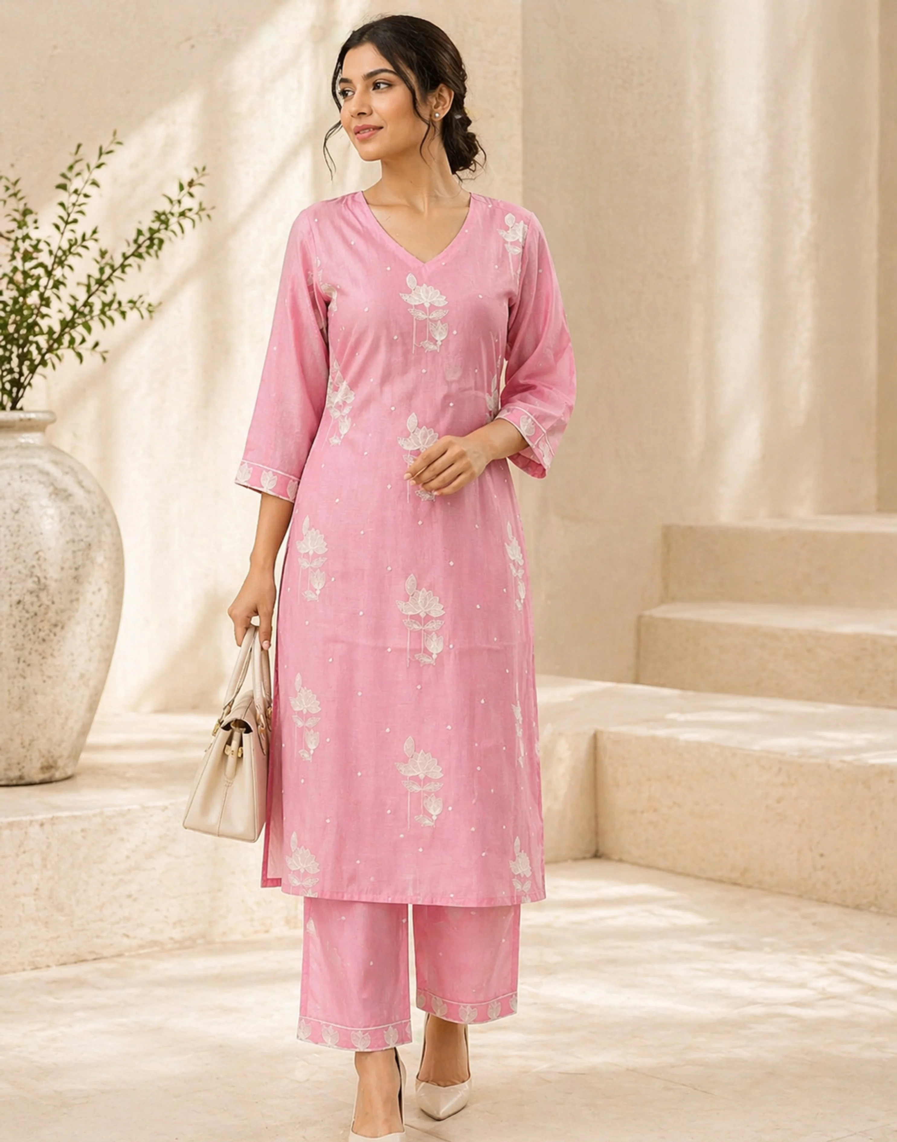Matté Pink Printed Linen Kurta Set - Image 2