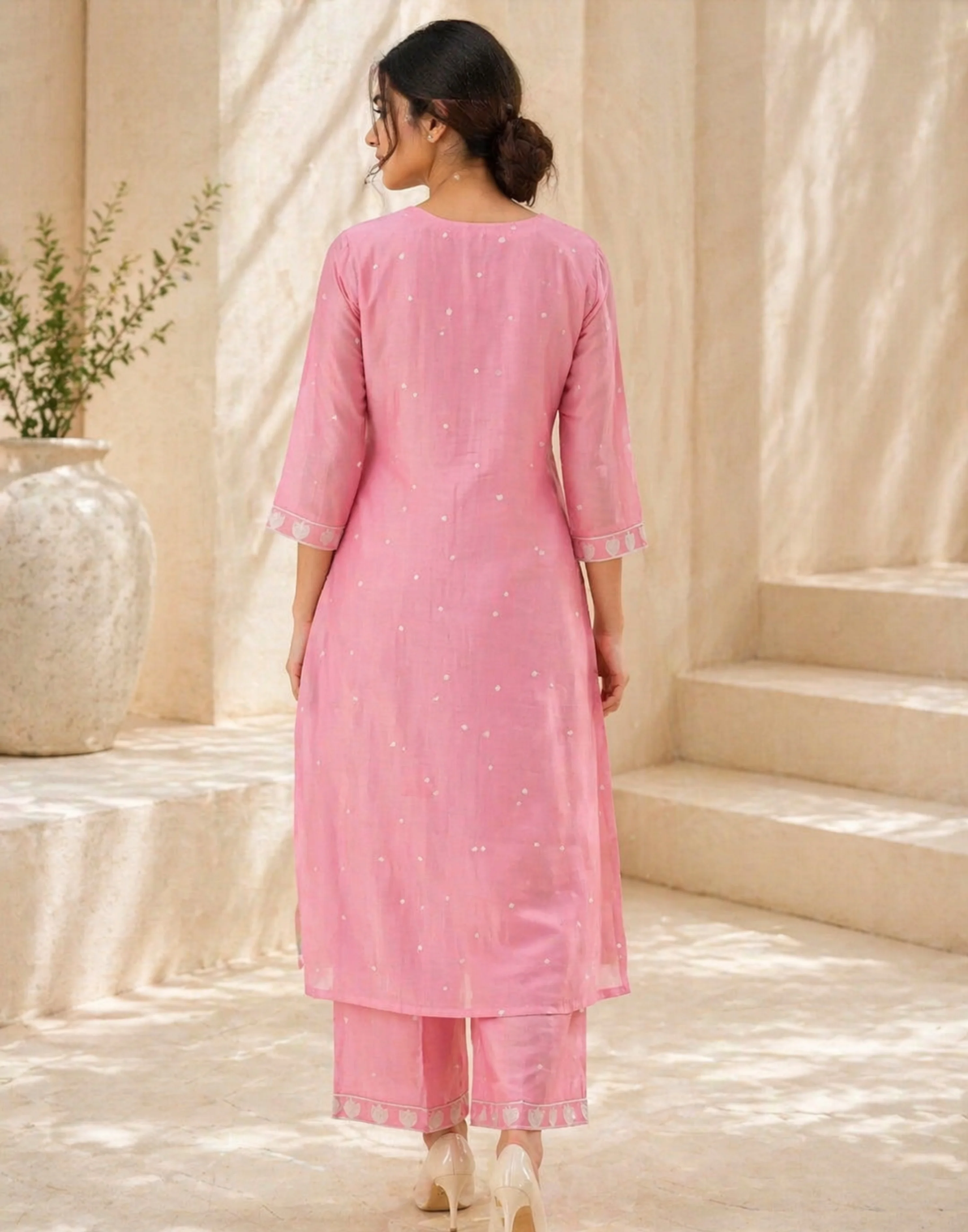 Matté Pink Printed Linen Kurta Set - Image 3