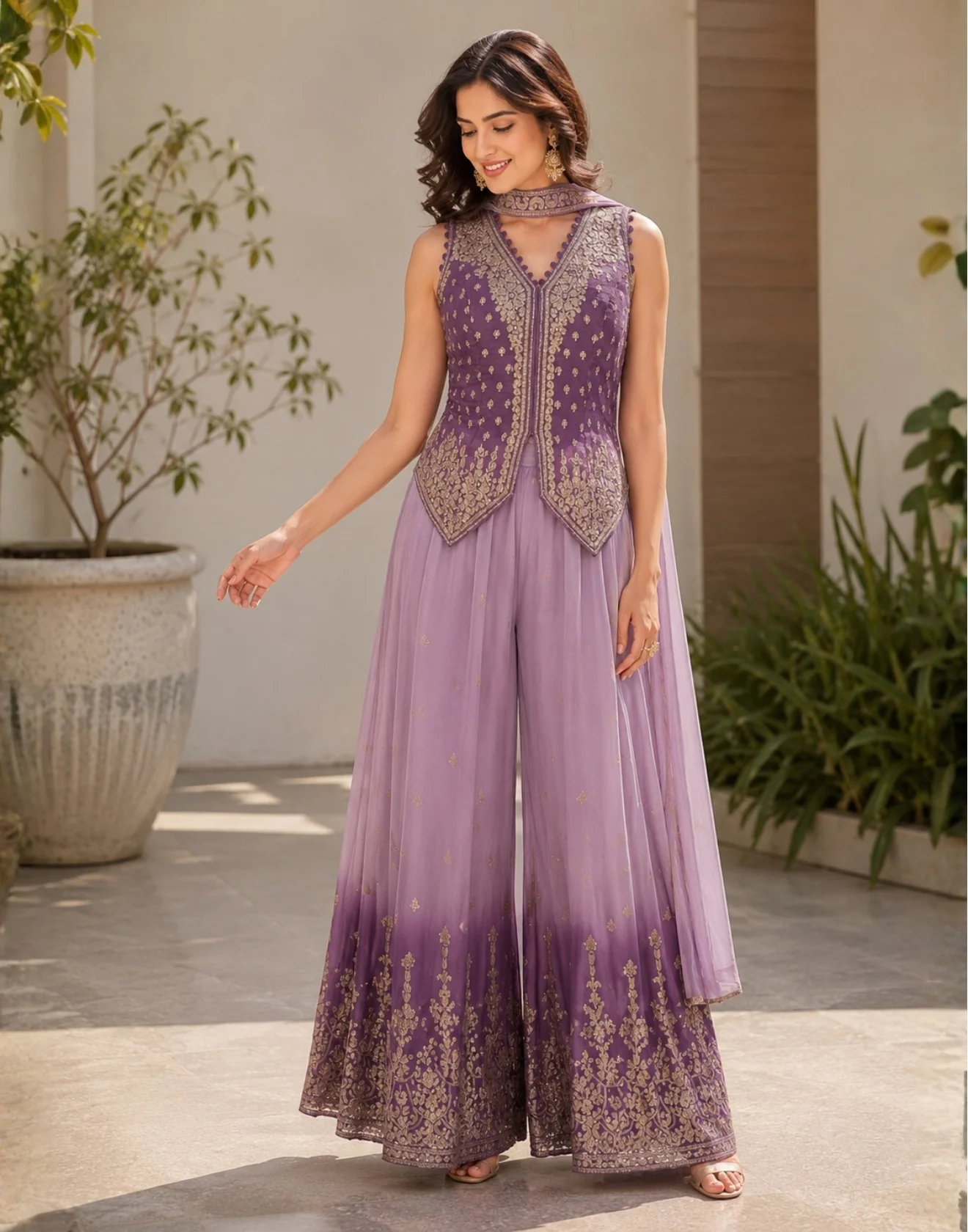 Matté Purple Ombre Embroidered Indo-Western Suit