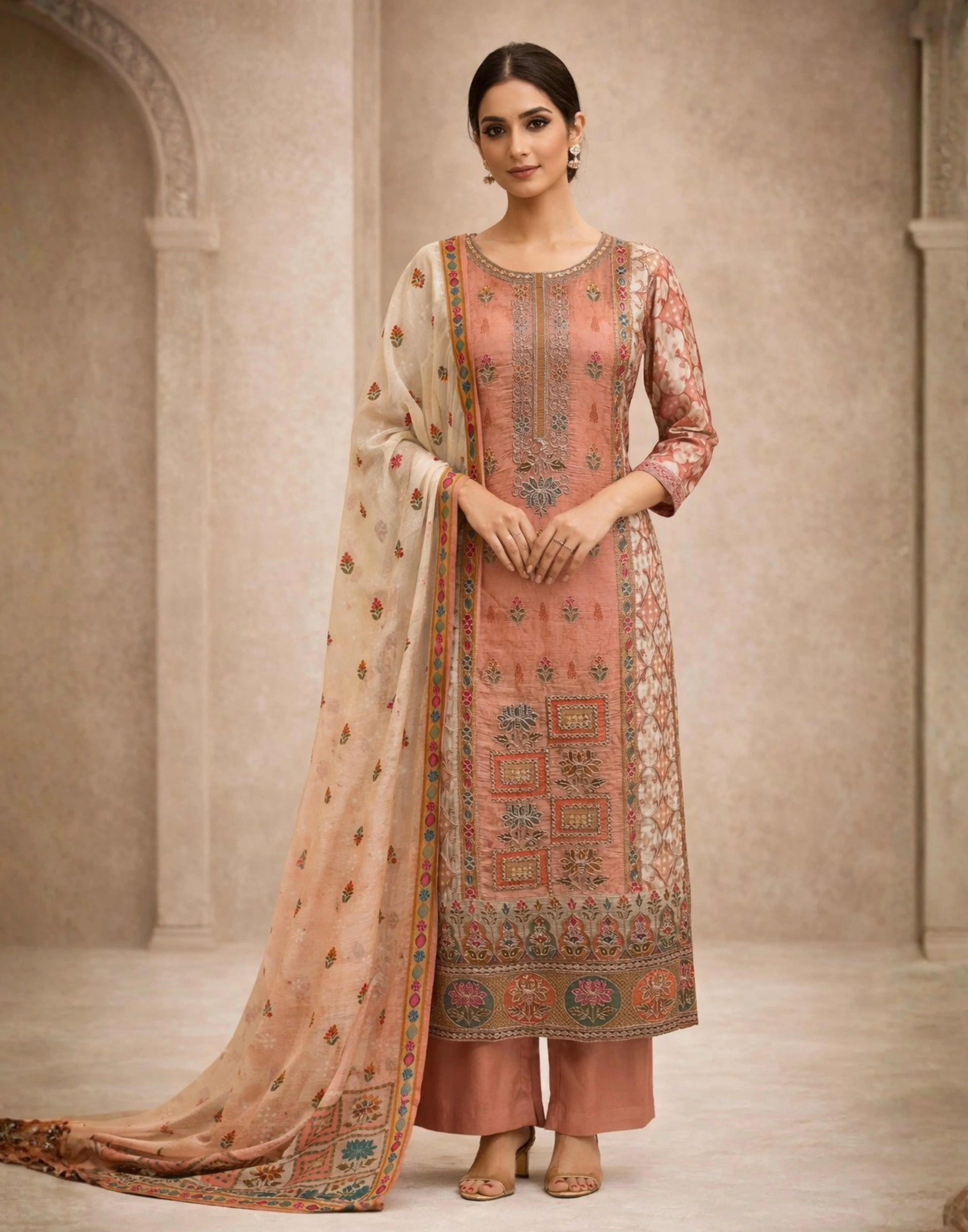 Matté Salmon Machine Embroidered Festive Kurta Set