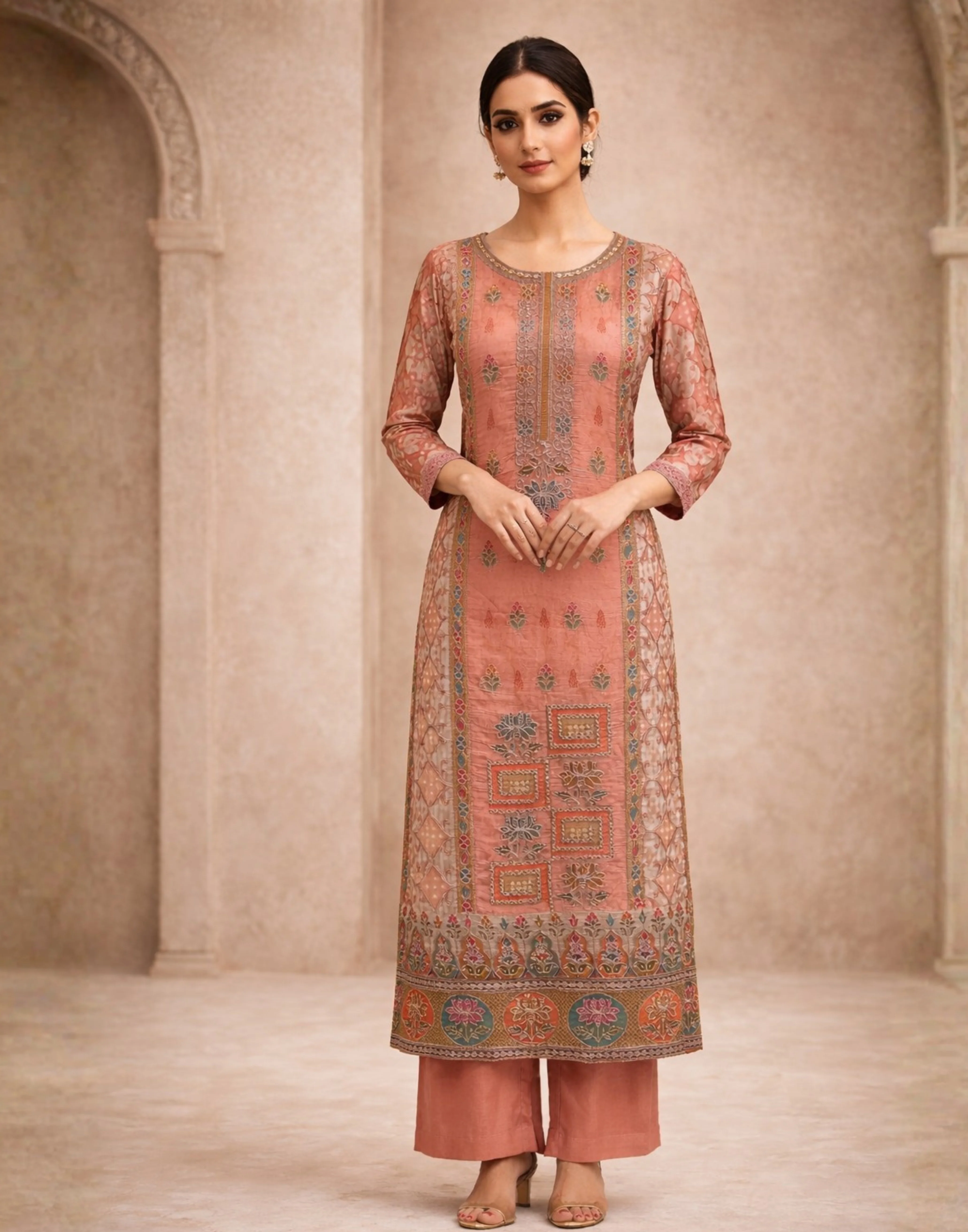 Matté Salmon Machine Embroidered Festive Kurta Set - Image 2