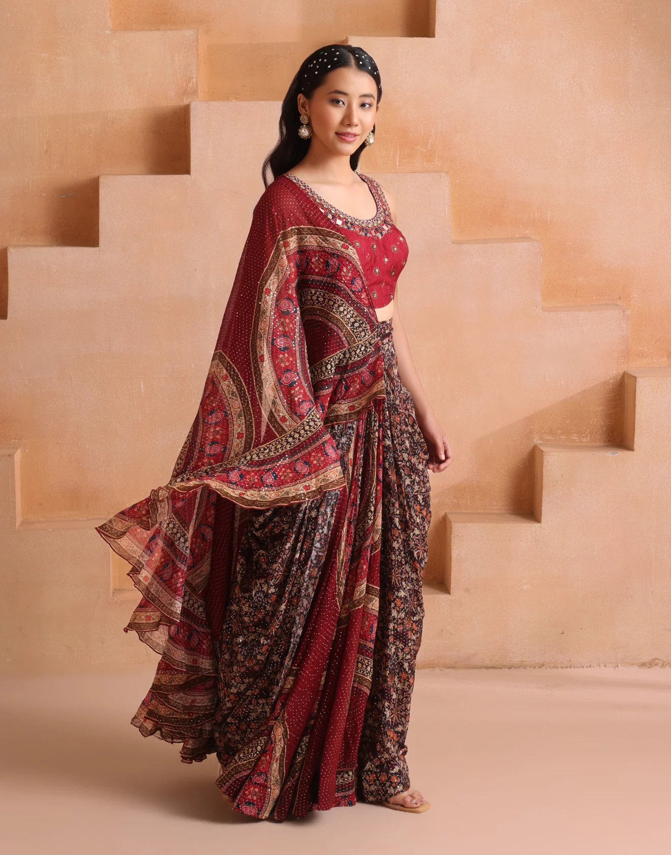 Mehfil Maroon Printed Georgette Indo-Western Drape Set