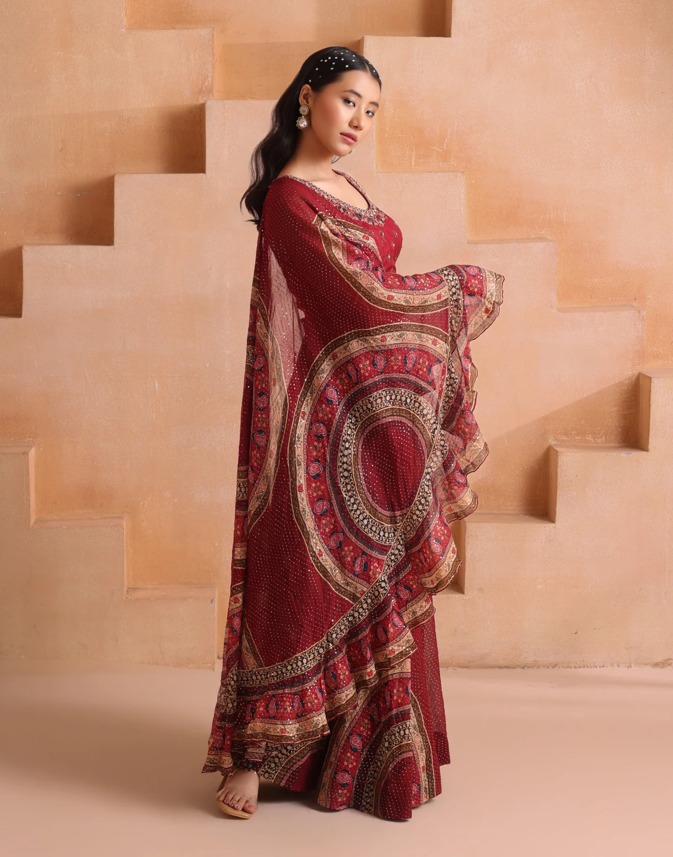 Mehfil Maroon Printed Georgette Indo-Western Drape Set - Image 2