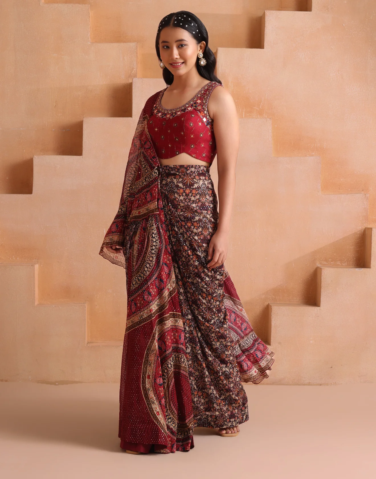 Mehfil Maroon Printed Georgette Indo-Western Drape Set - Image 3