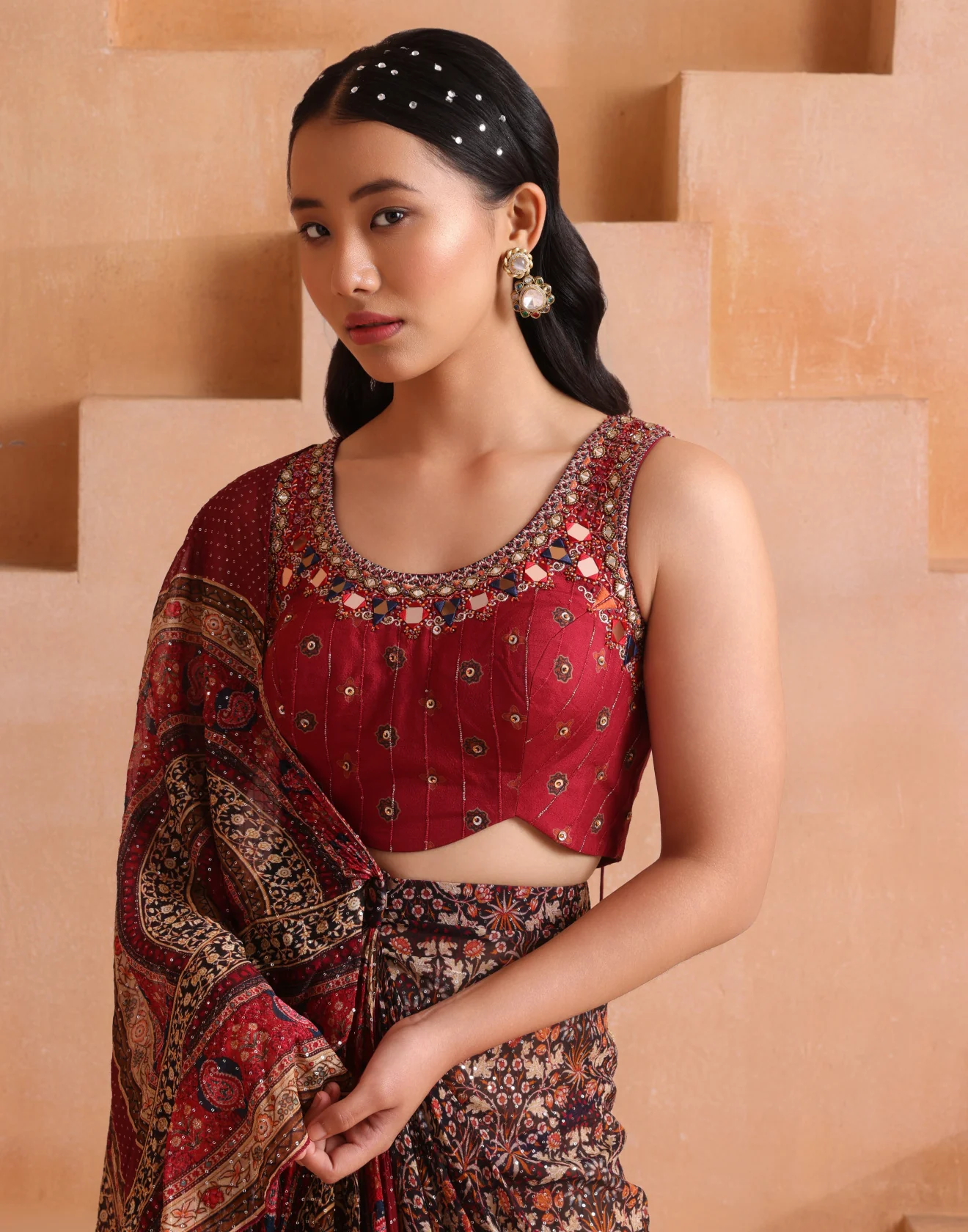 Mehfil Maroon Printed Georgette Indo-Western Drape Set - Image 4