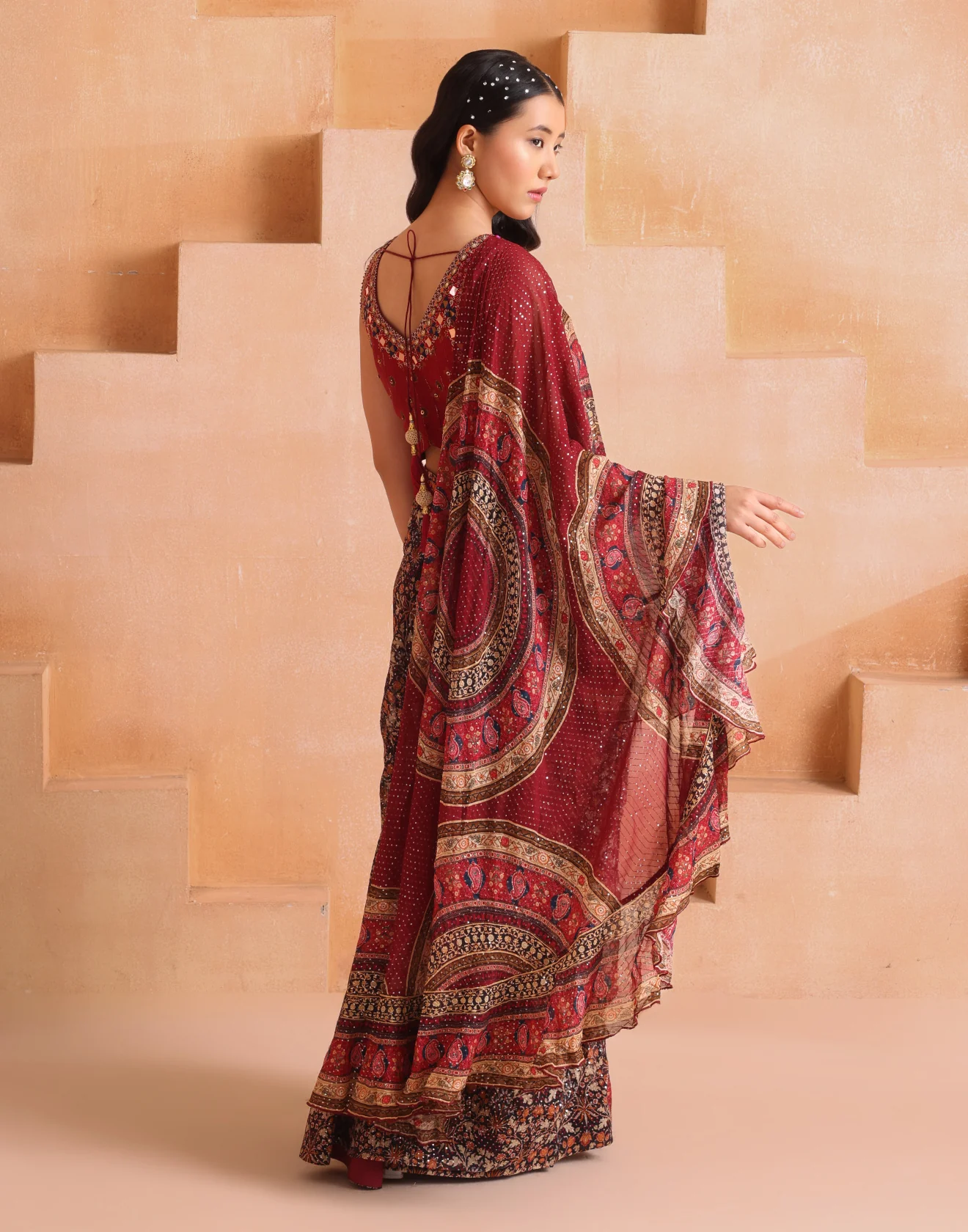 Mehfil Maroon Printed Georgette Indo-Western Drape Set - Image 5