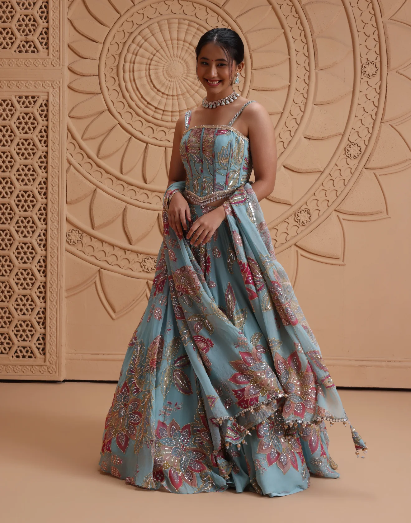 Mermaid Hues Printed Cocktail Lehenga With Corset Blouse