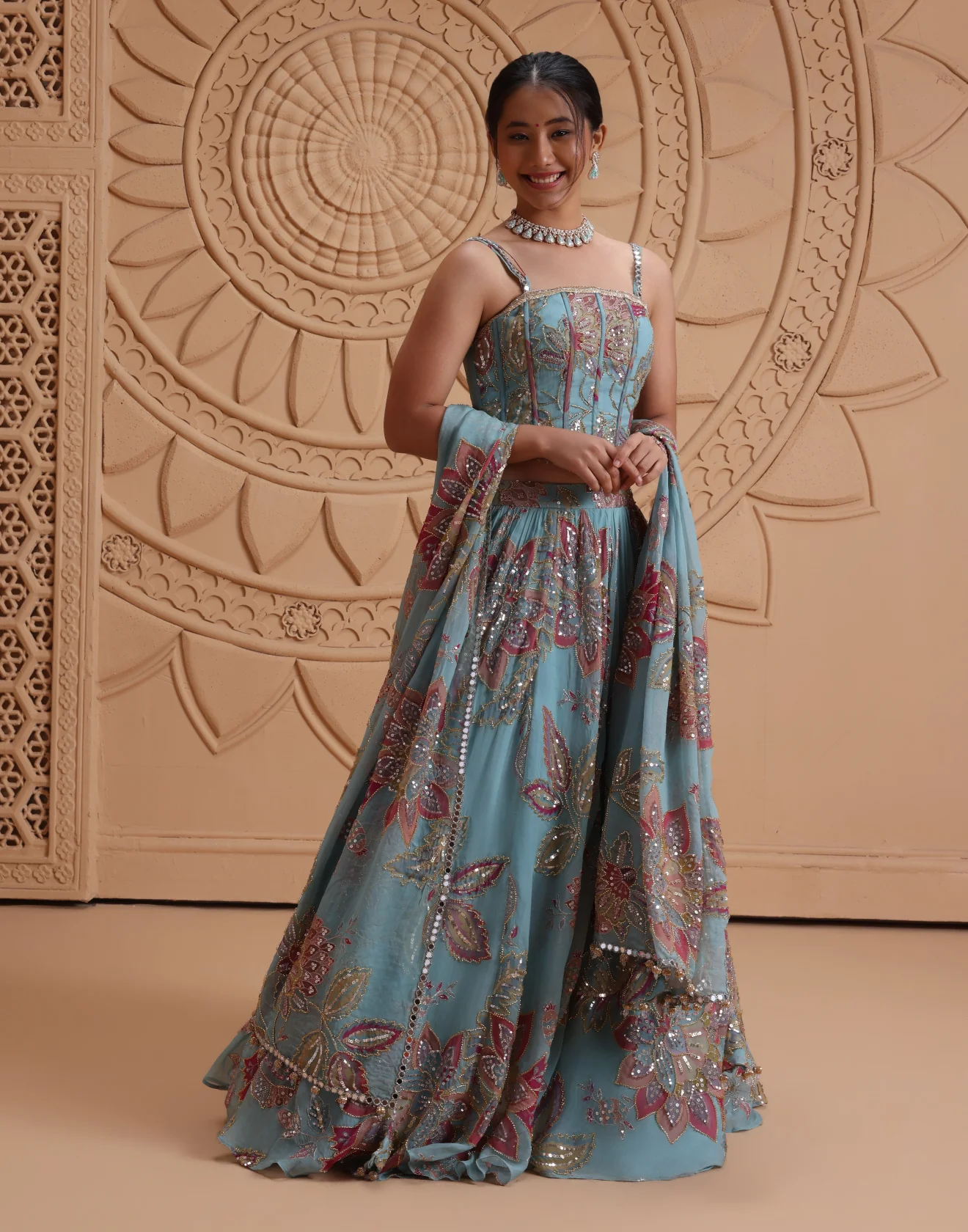 Mermaid Hues Printed Cocktail Lehenga With Corset Blouse - Image 2