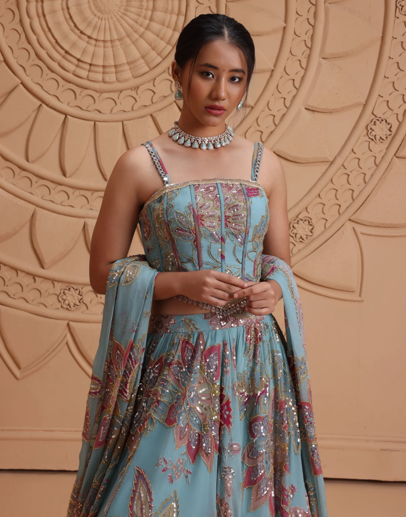 Mermaid Hues Printed Cocktail Lehenga With Corset Blouse - Image 3
