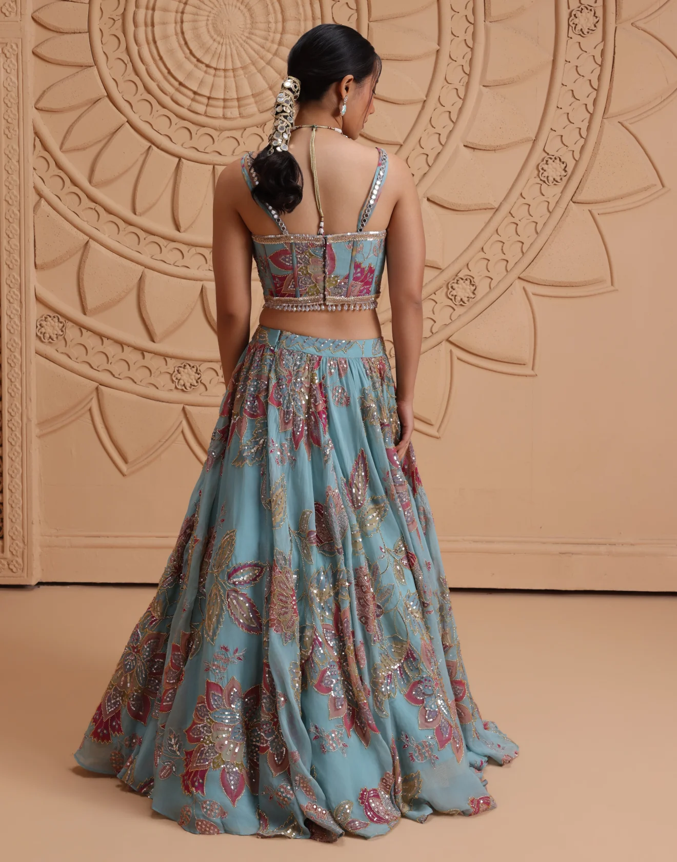 Mermaid Hues Printed Cocktail Lehenga With Corset Blouse - Image 5