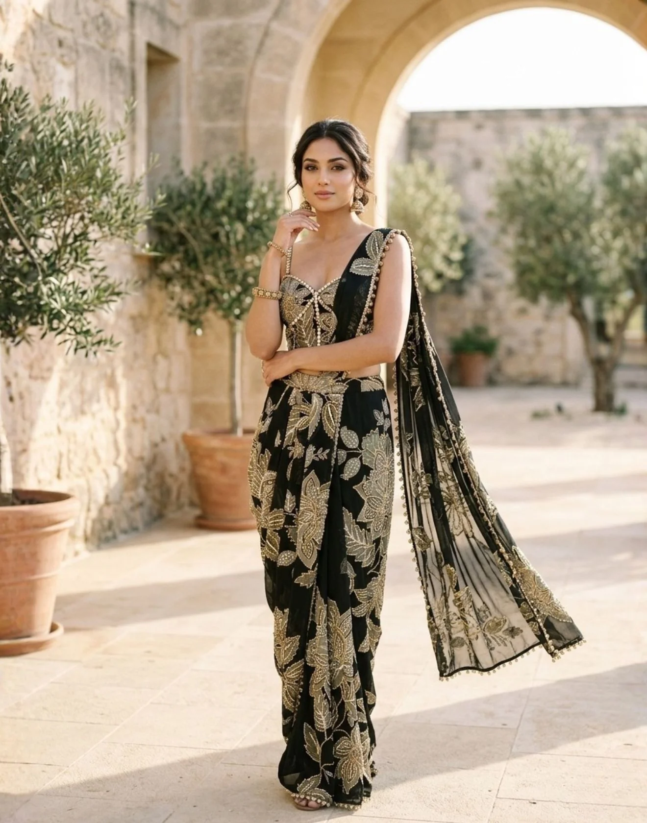 Midnight Black Tropical Flora Printed Georgette Pre-Stitched Saree