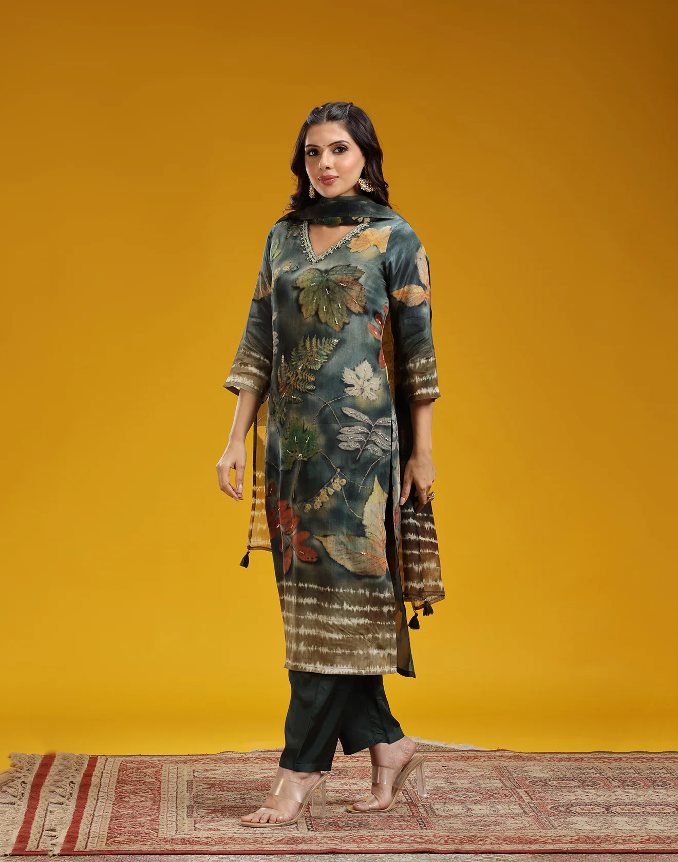 Midnight Forest Printed Silk Kurta Set - Image 2