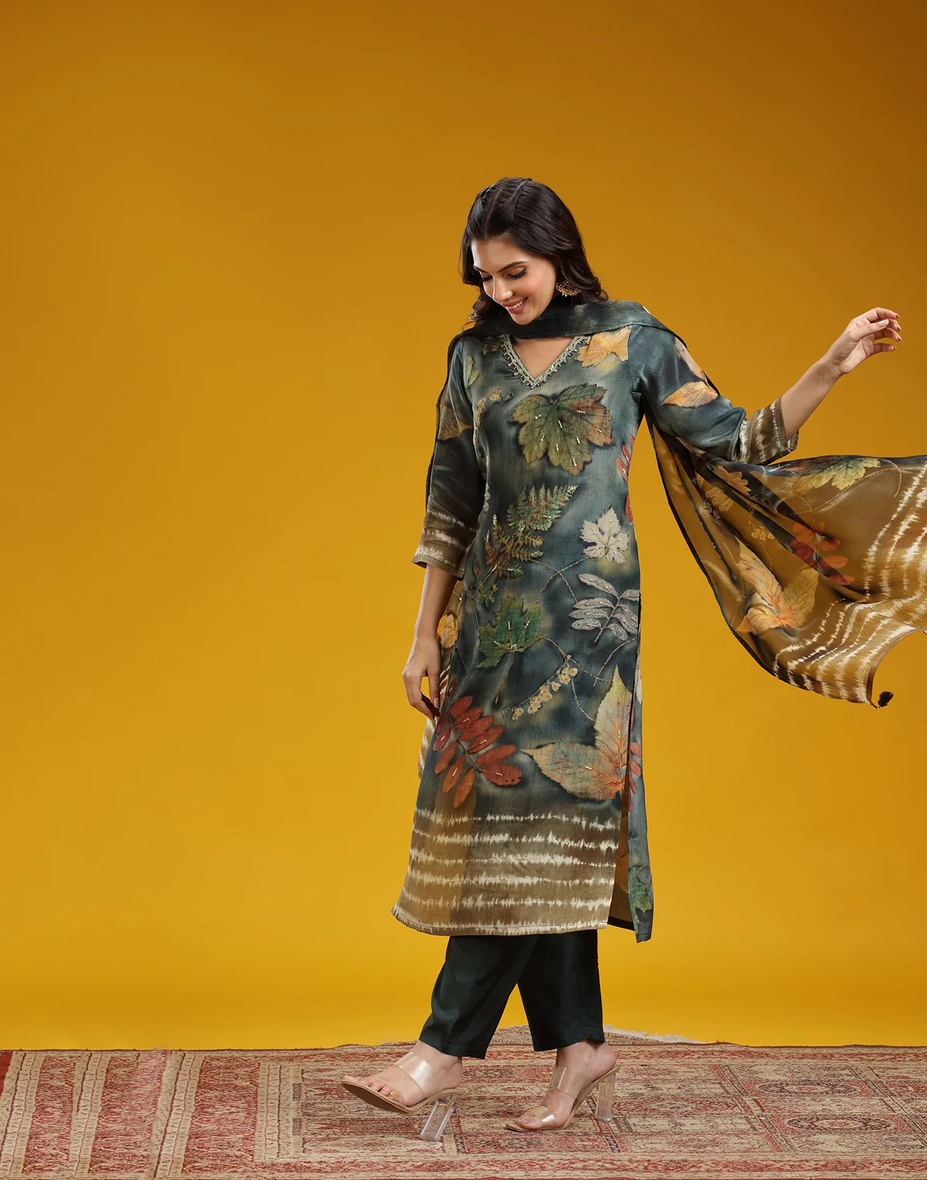 Midnight Forest Printed Silk Kurta Set - Image 3